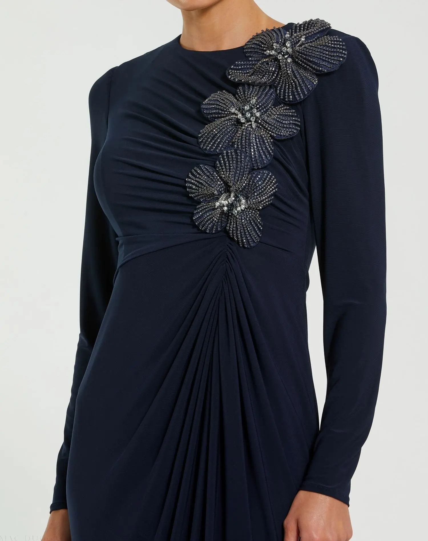 Navy Jersey Long Sleeve Fitted Gown With 3D Flowers - Image 2