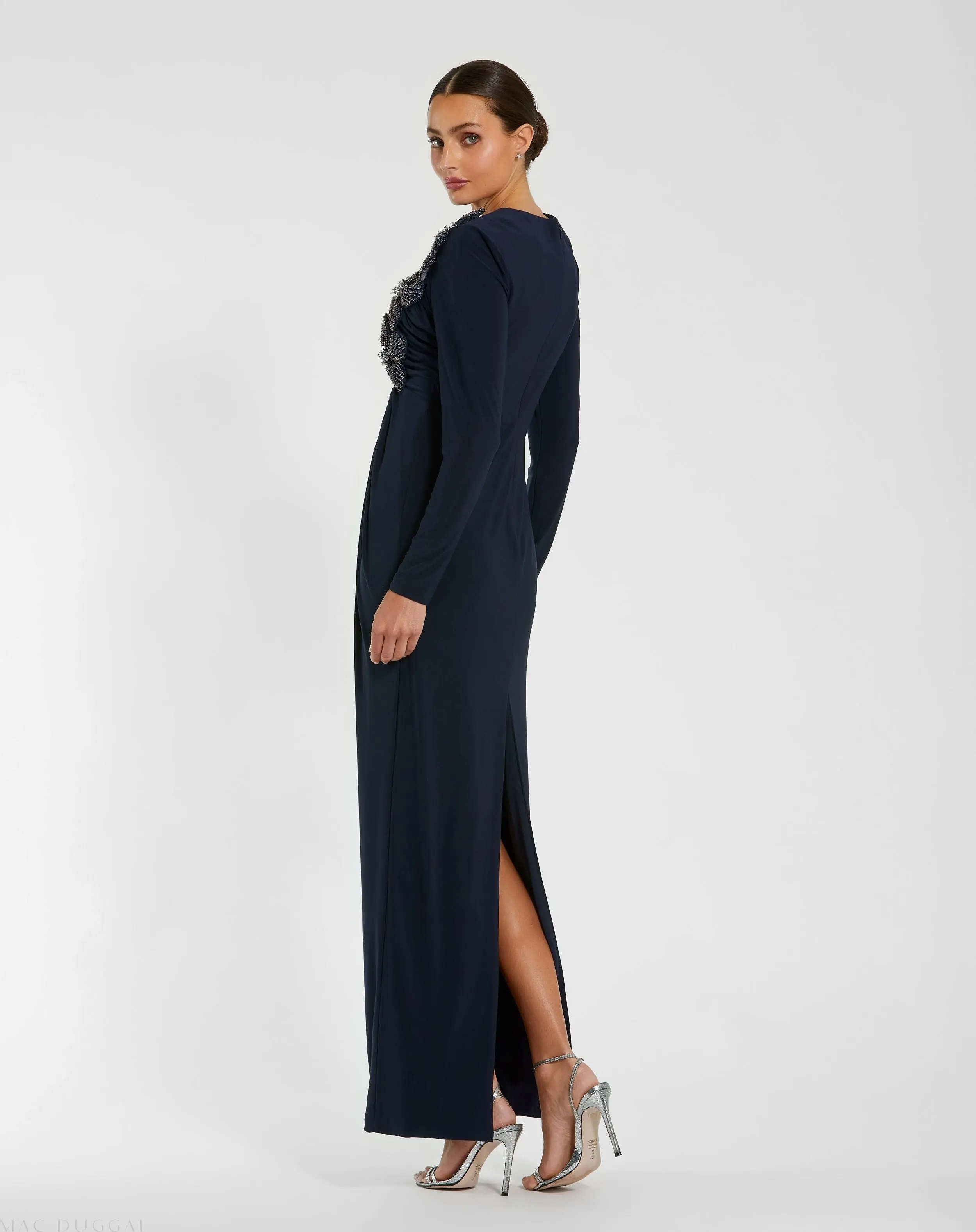 Navy Jersey Long Sleeve Fitted Gown With 3D Flowers - Image 3