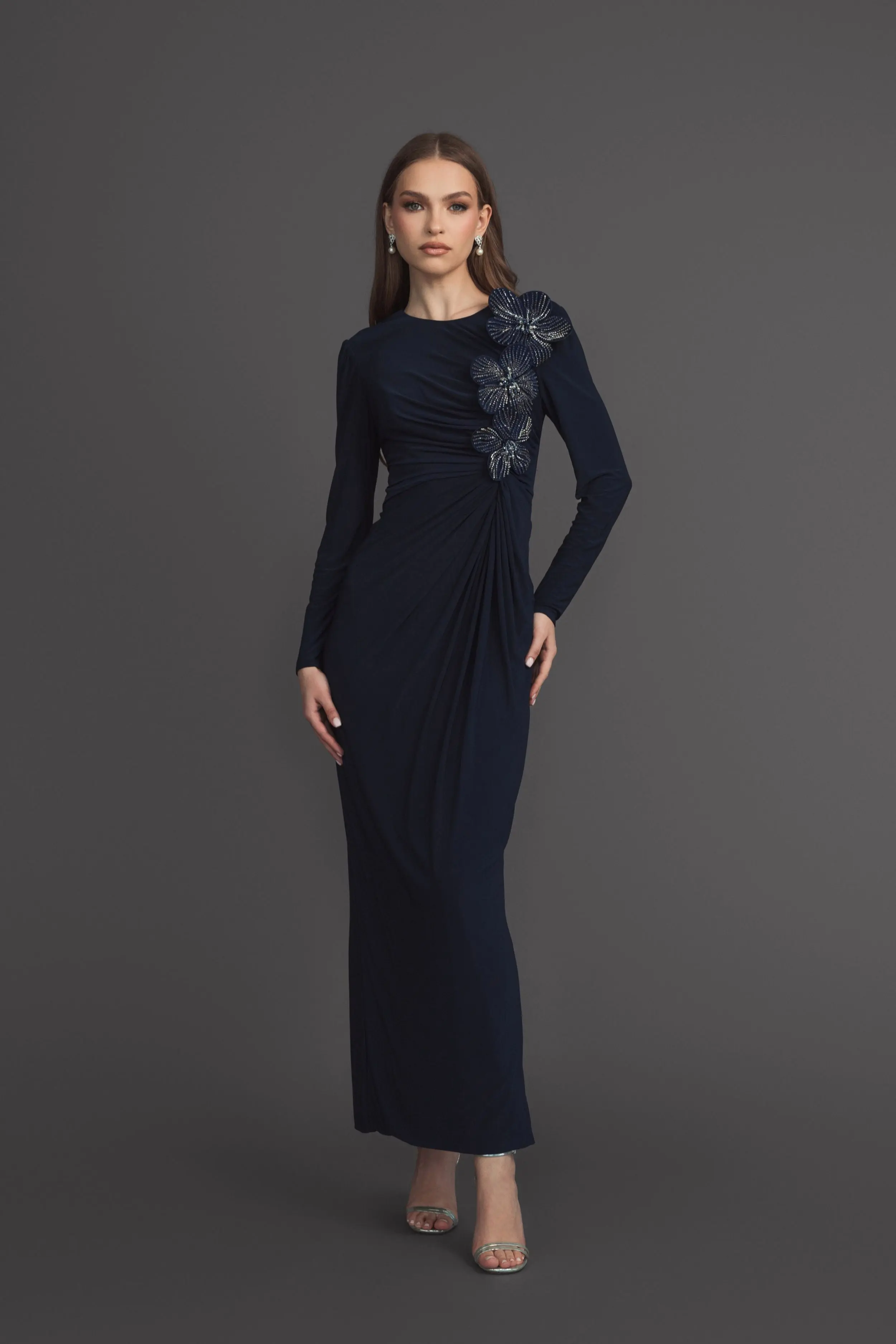 Navy Jersey Long Sleeve Fitted Gown With 3D Flowers - Image 4
