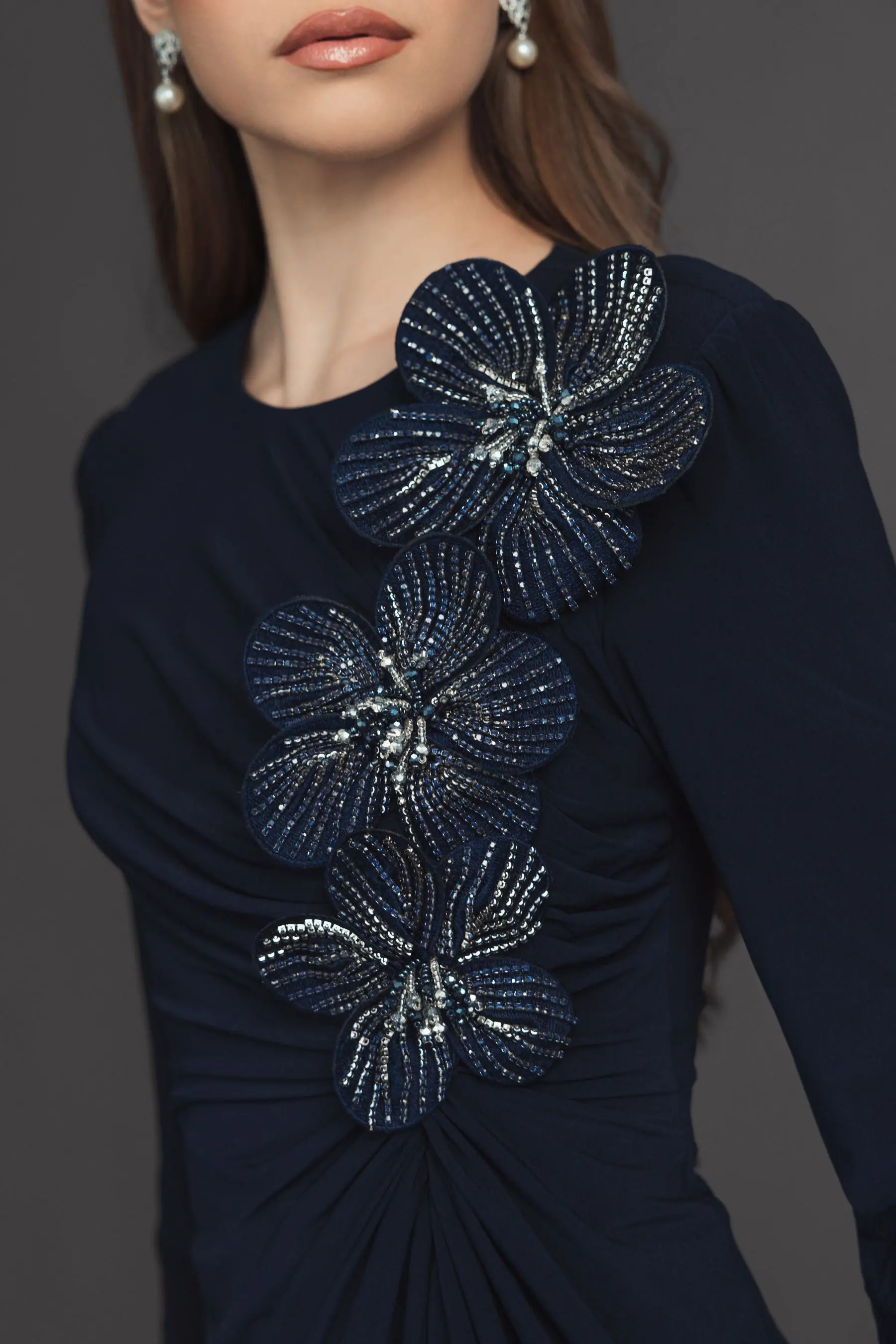Navy Jersey Long Sleeve Fitted Gown With 3D Flowers - Image 5