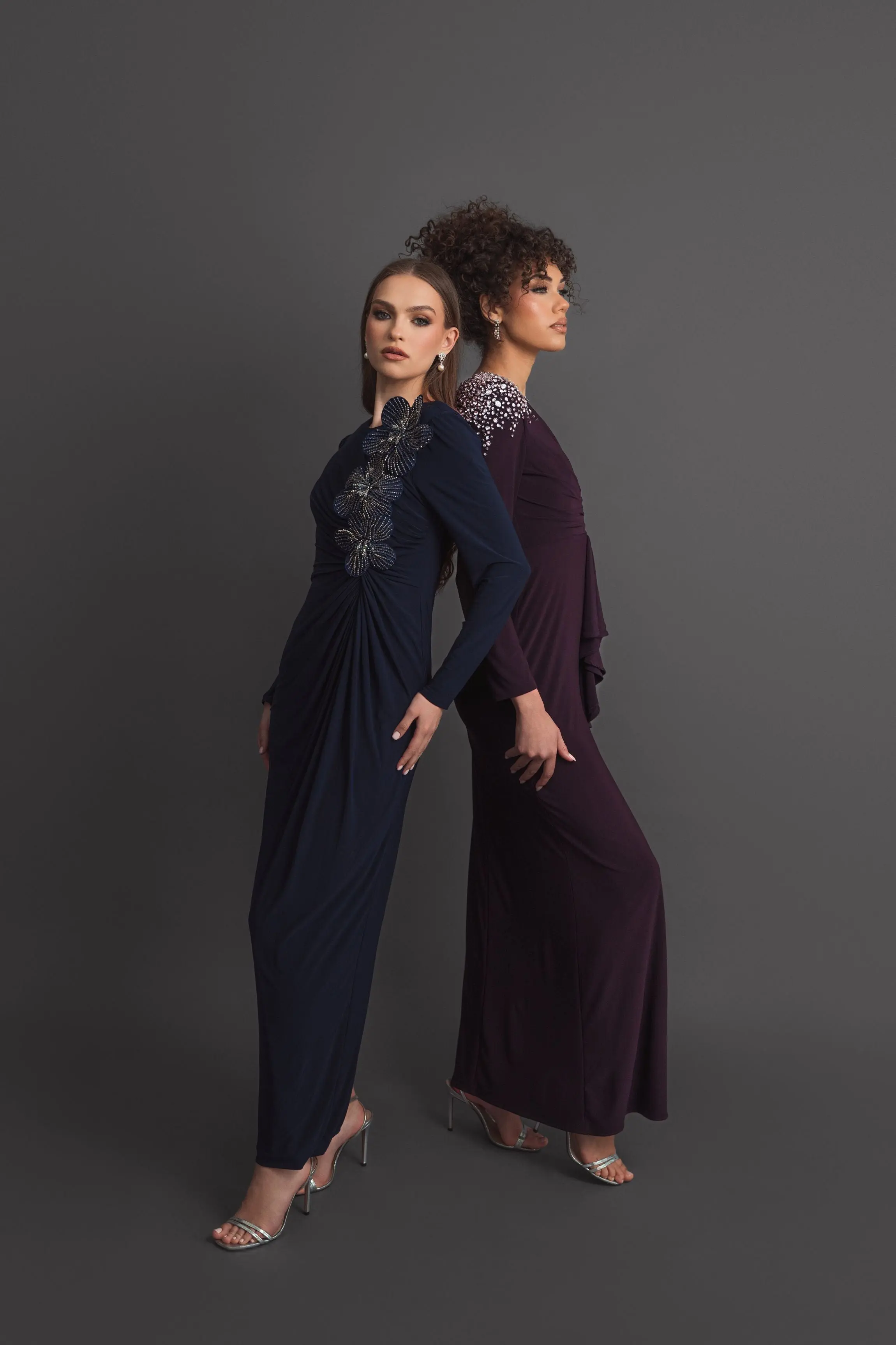 Navy Jersey Long Sleeve Fitted Gown With 3D Flowers - Image 6