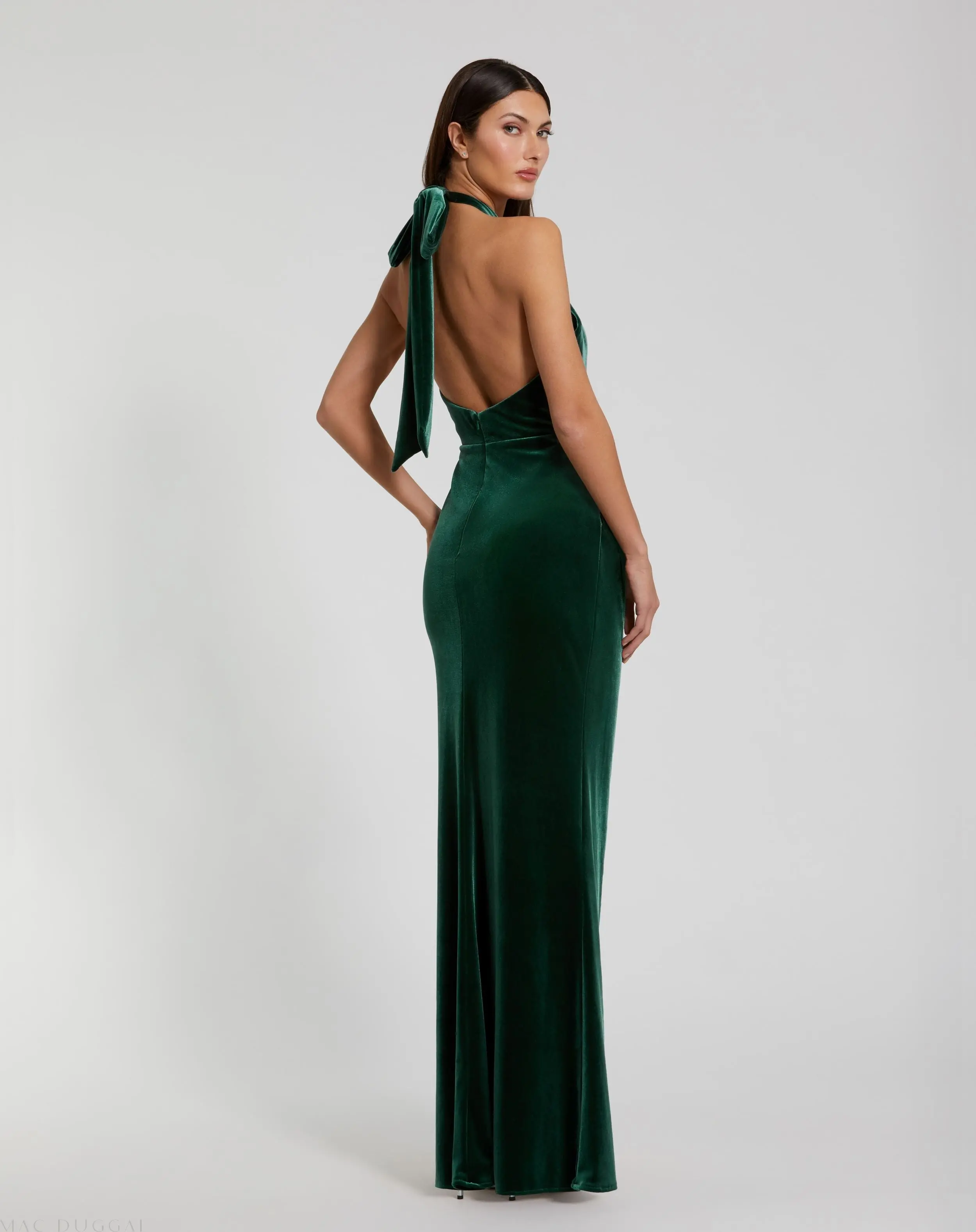 Green Twist Neck Open Front Velvet Draped Gown - Image 3
