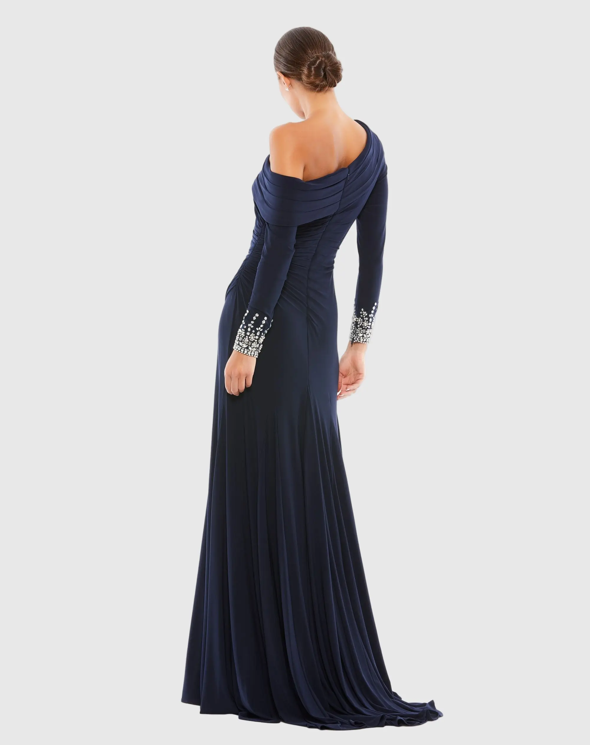 Navy Beaded Cuff Drop Shoulder Faux Wrap Gown - Image 3