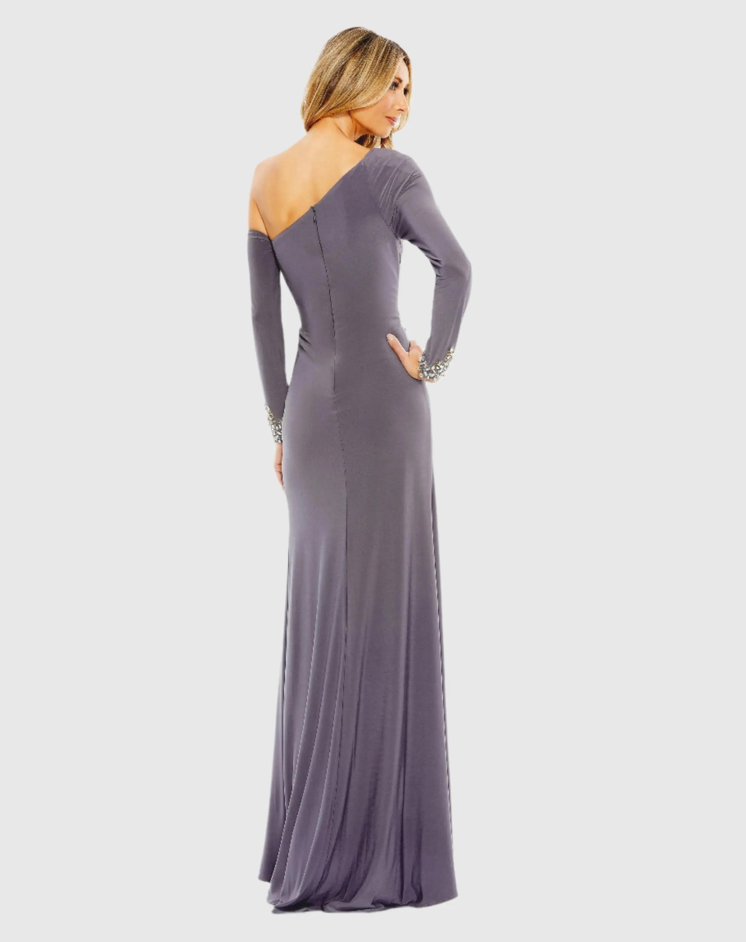 Gray Side Twist Drop Shoulder Beaded Cuff Gown - Image 3