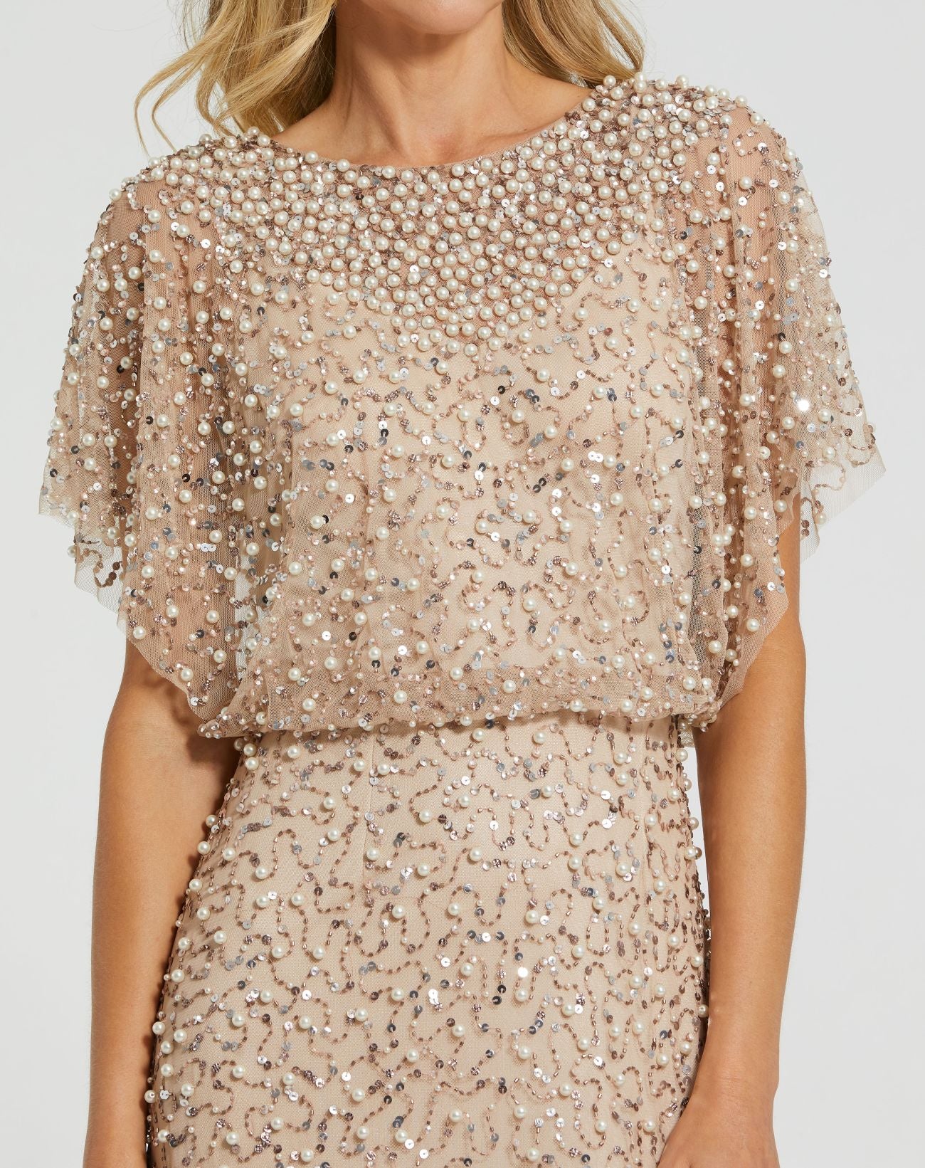 Beige High Neck Short Sleeve Embellished Gown - Image 2