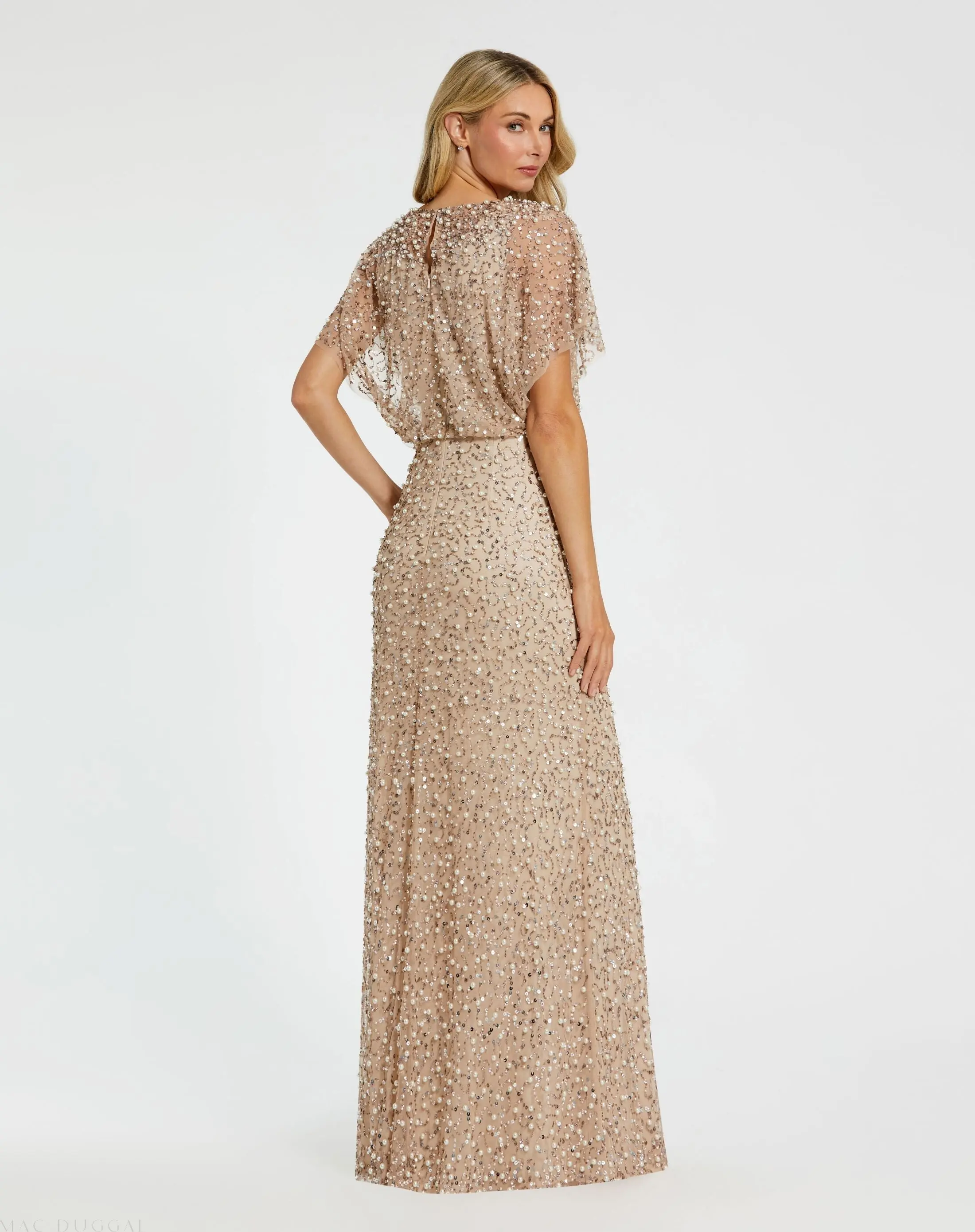 Beige High Neck Short Sleeve Embellished Gown - Image 3