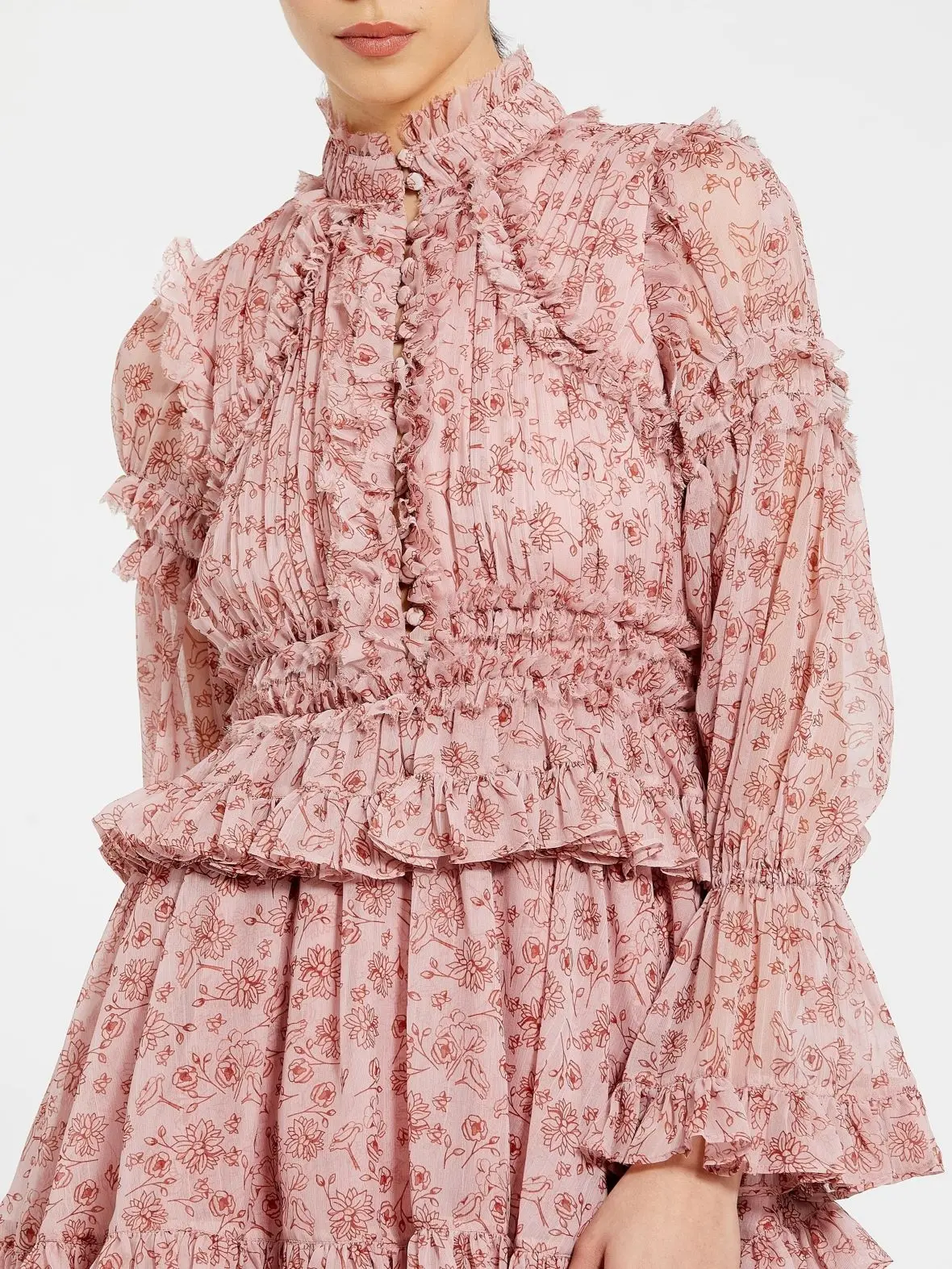 Pink Long Sleeve Mock Neck Ruffle Mini Dress - Image 2