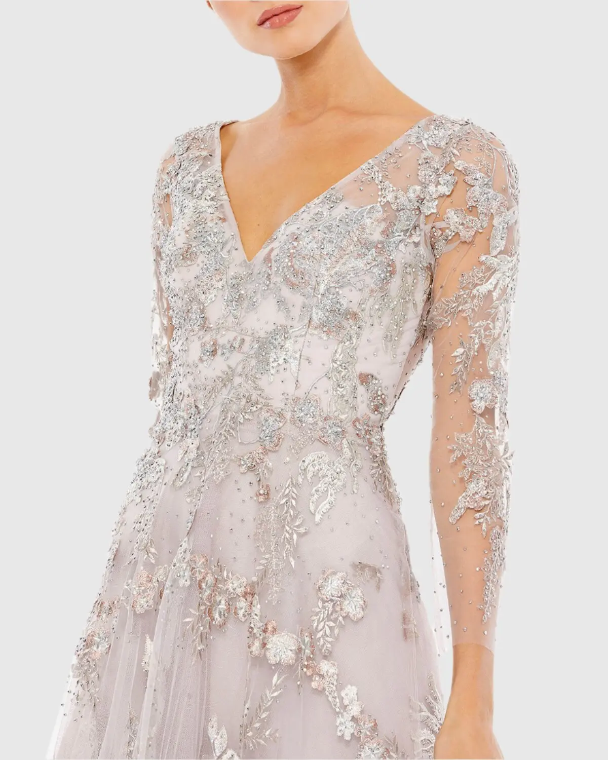 Purple Embroidered Illusion Long Sleeve A Line Gown - Image 2