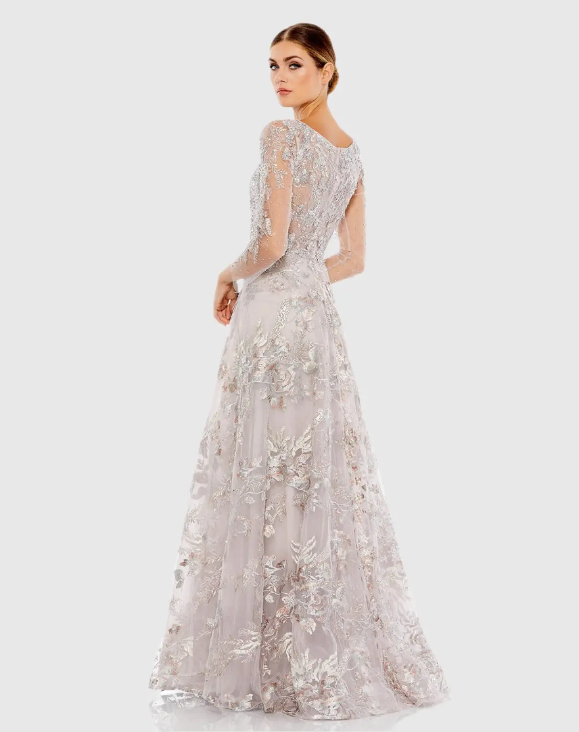 Purple Embroidered Illusion Long Sleeve A Line Gown - Image 3