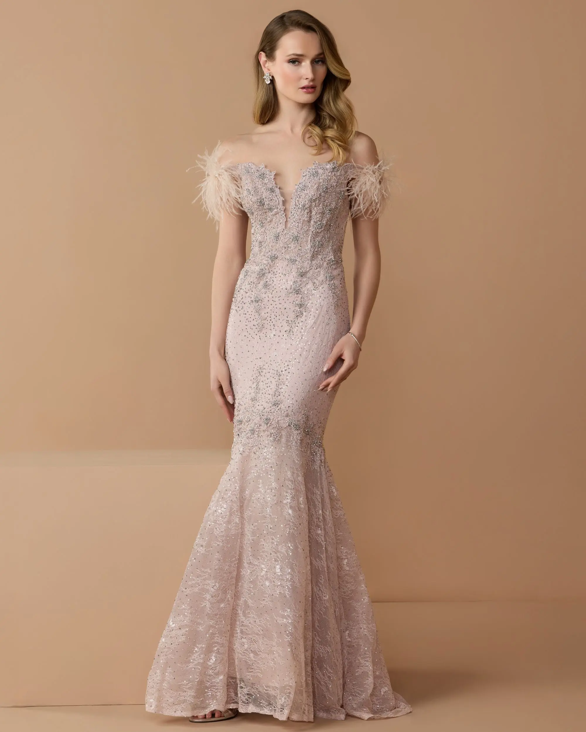 Pink Off The Shoulder Embellished Lace Feather Trim Gown - Image 2