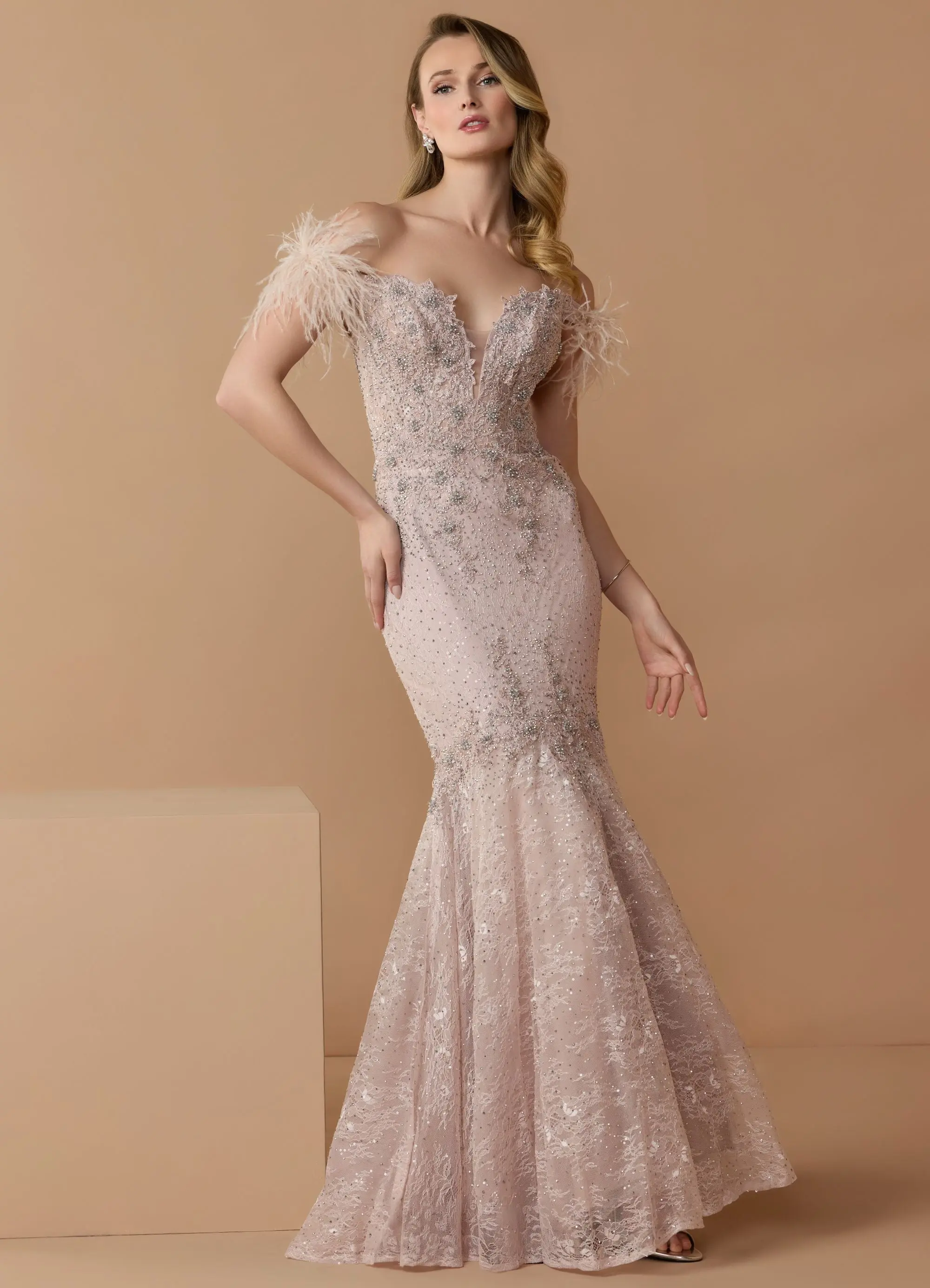 Pink Off The Shoulder Embellished Lace Feather Trim Gown - Image 3