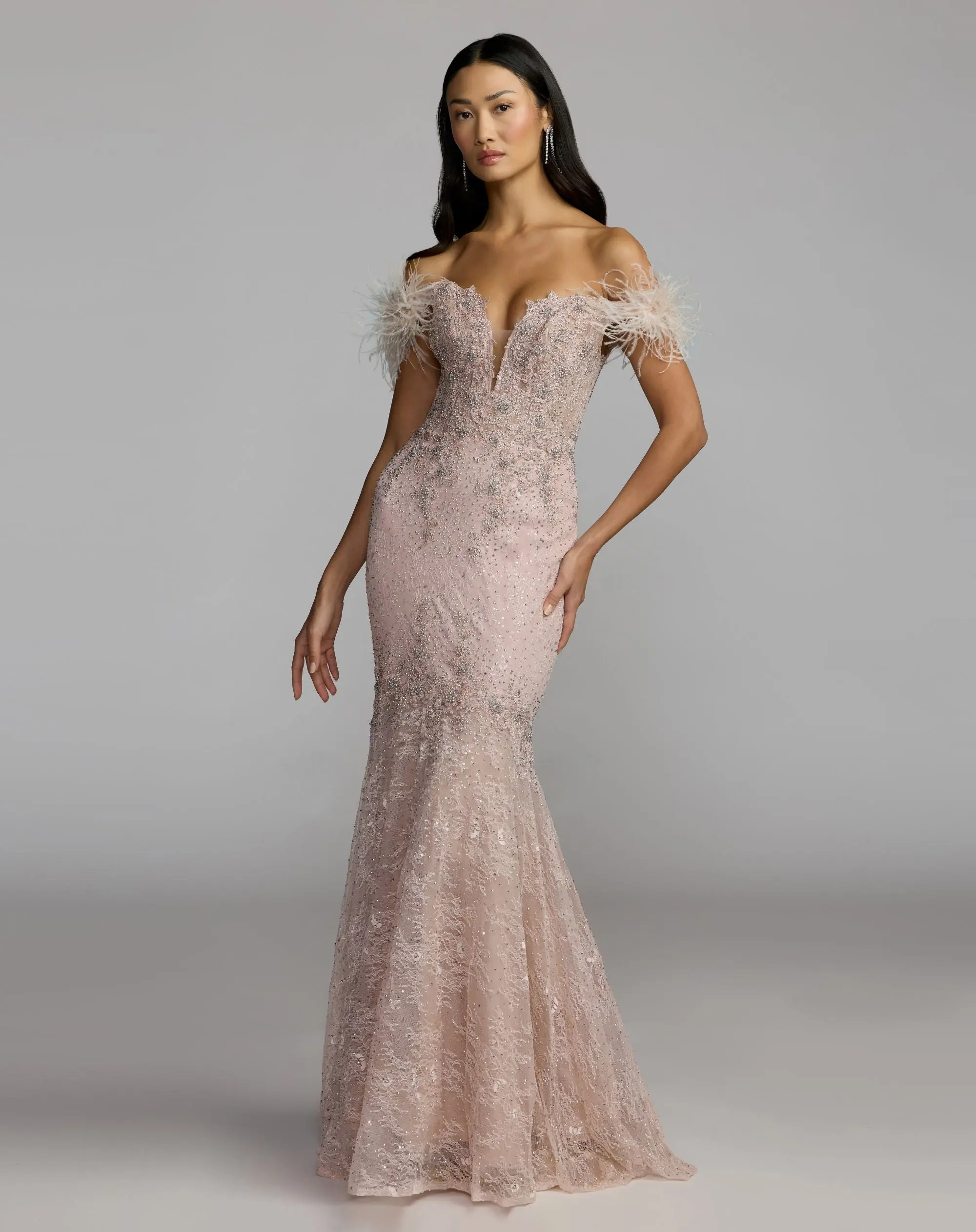 Pink Off The Shoulder Embellished Lace Feather Trim Gown - Image 4