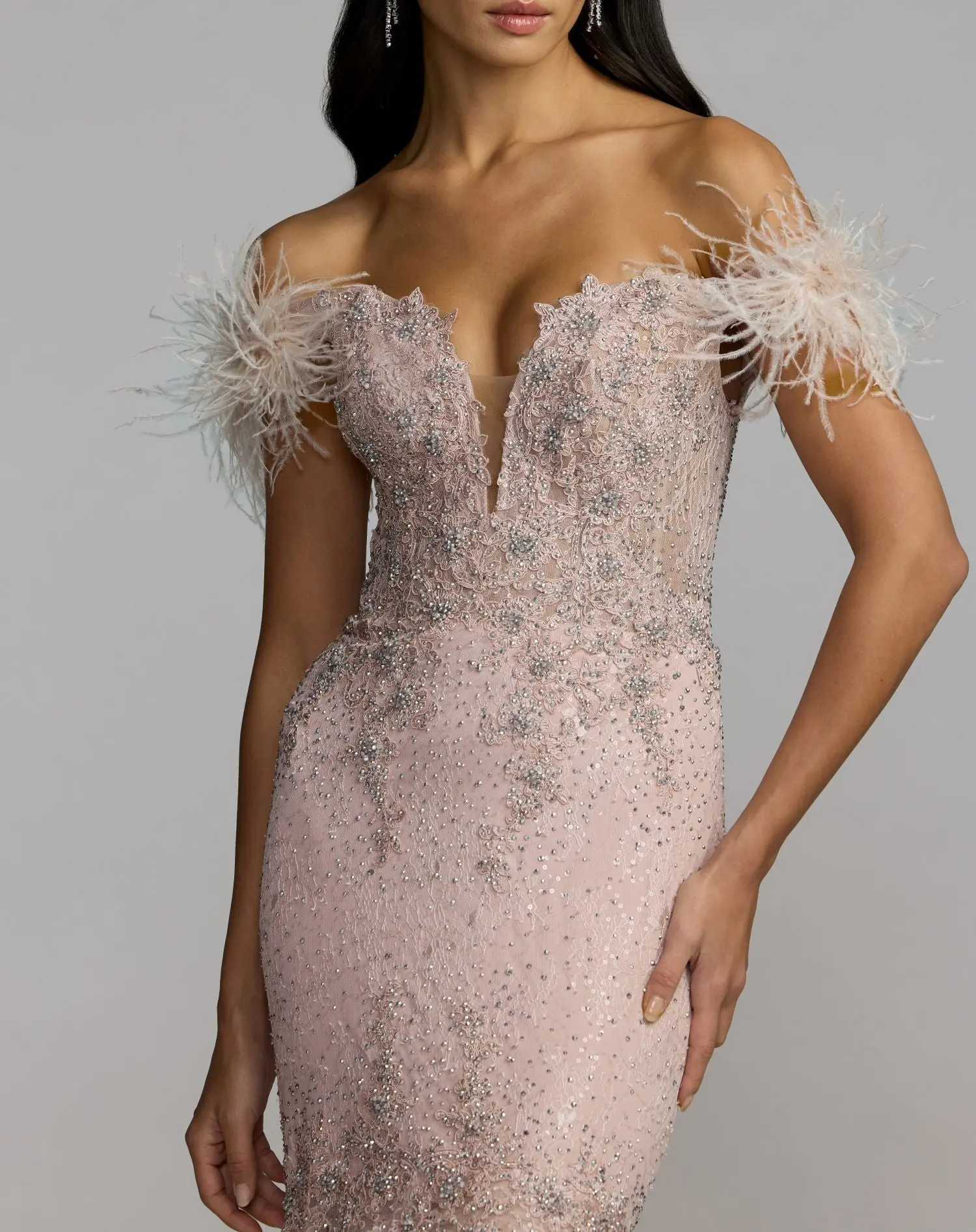 Pink Off The Shoulder Embellished Lace Feather Trim Gown - Image 5