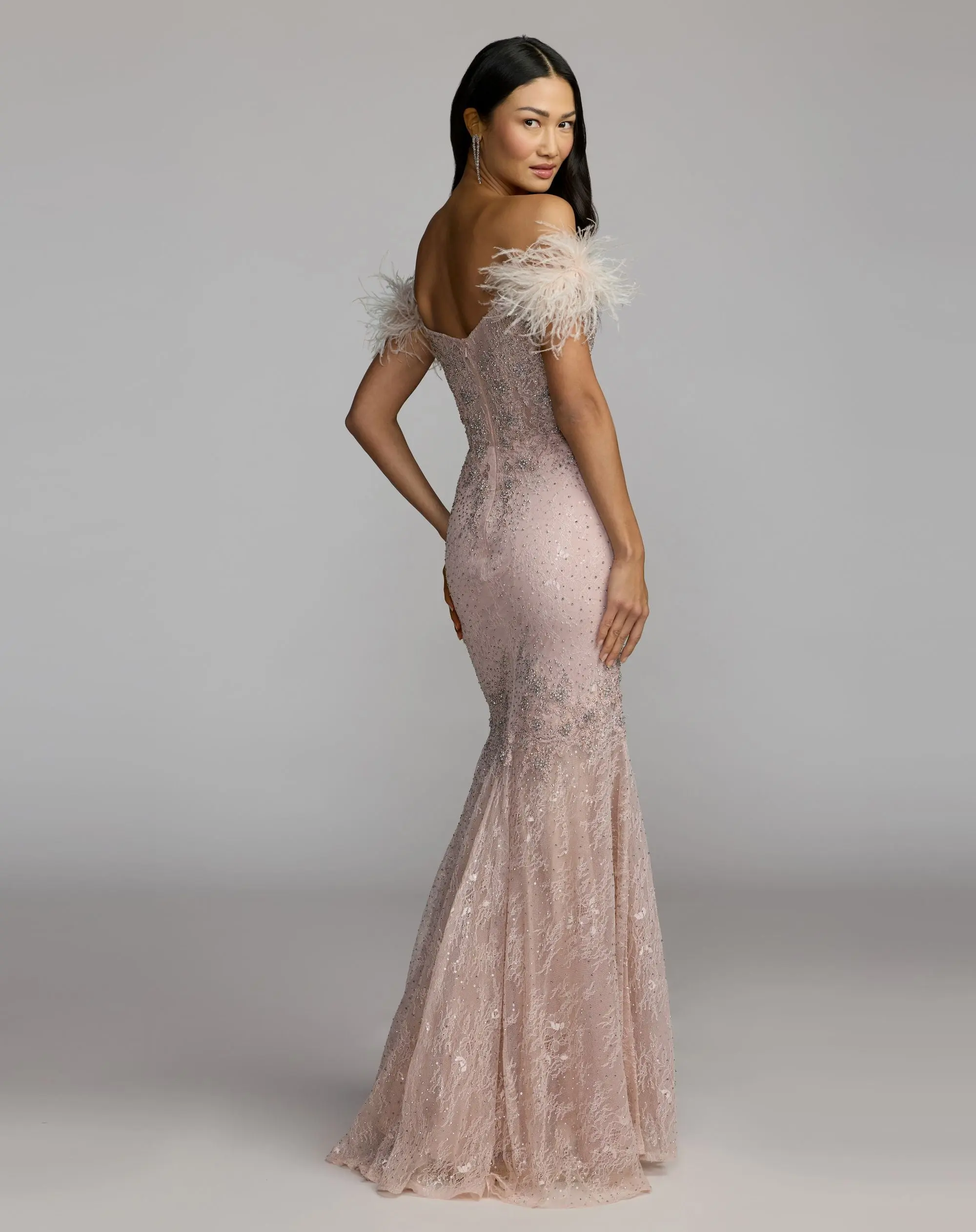 Pink Off The Shoulder Embellished Lace Feather Trim Gown - Image 6