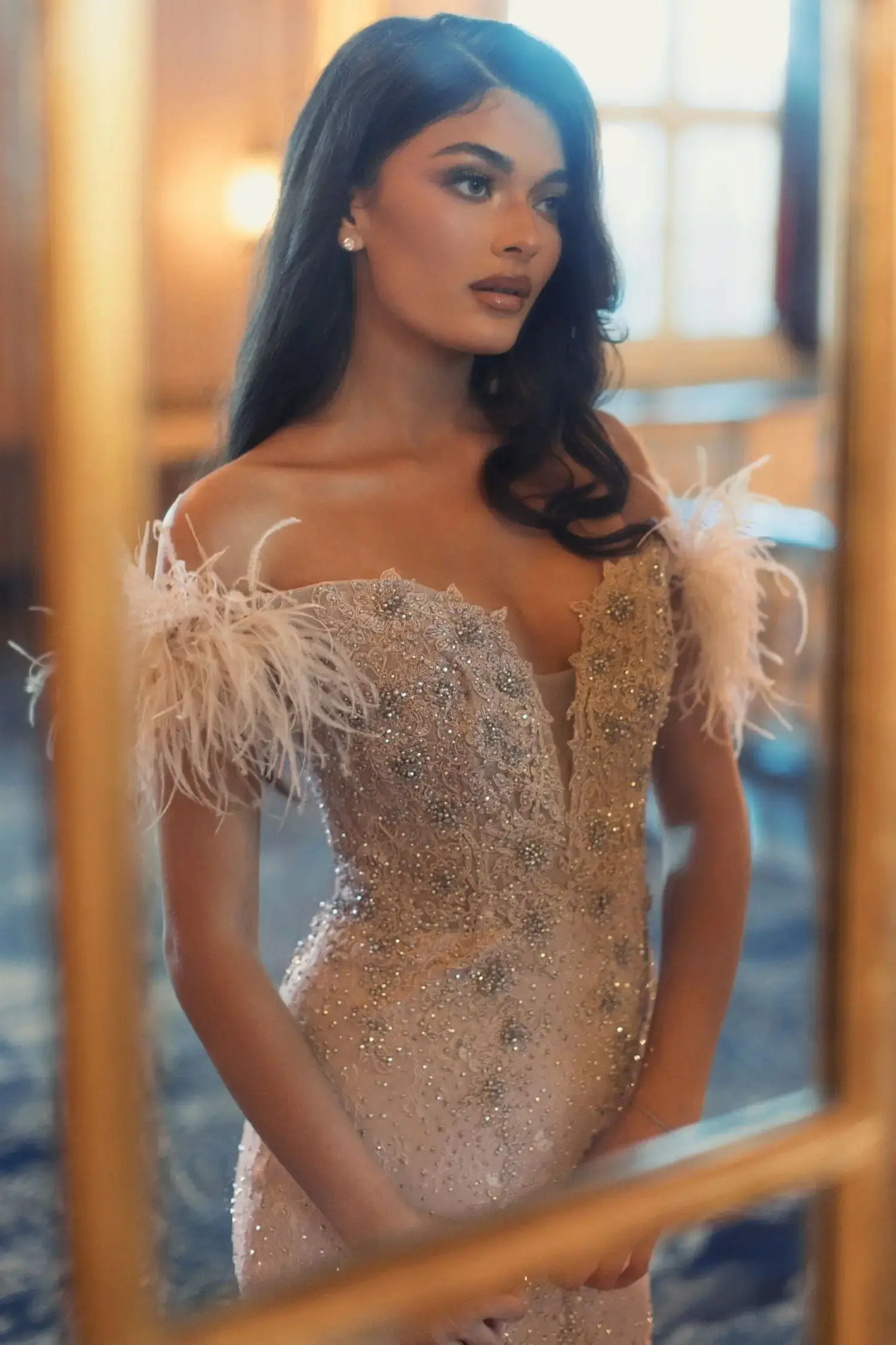 Pink Off The Shoulder Embellished Lace Feather Trim Gown - Image 8