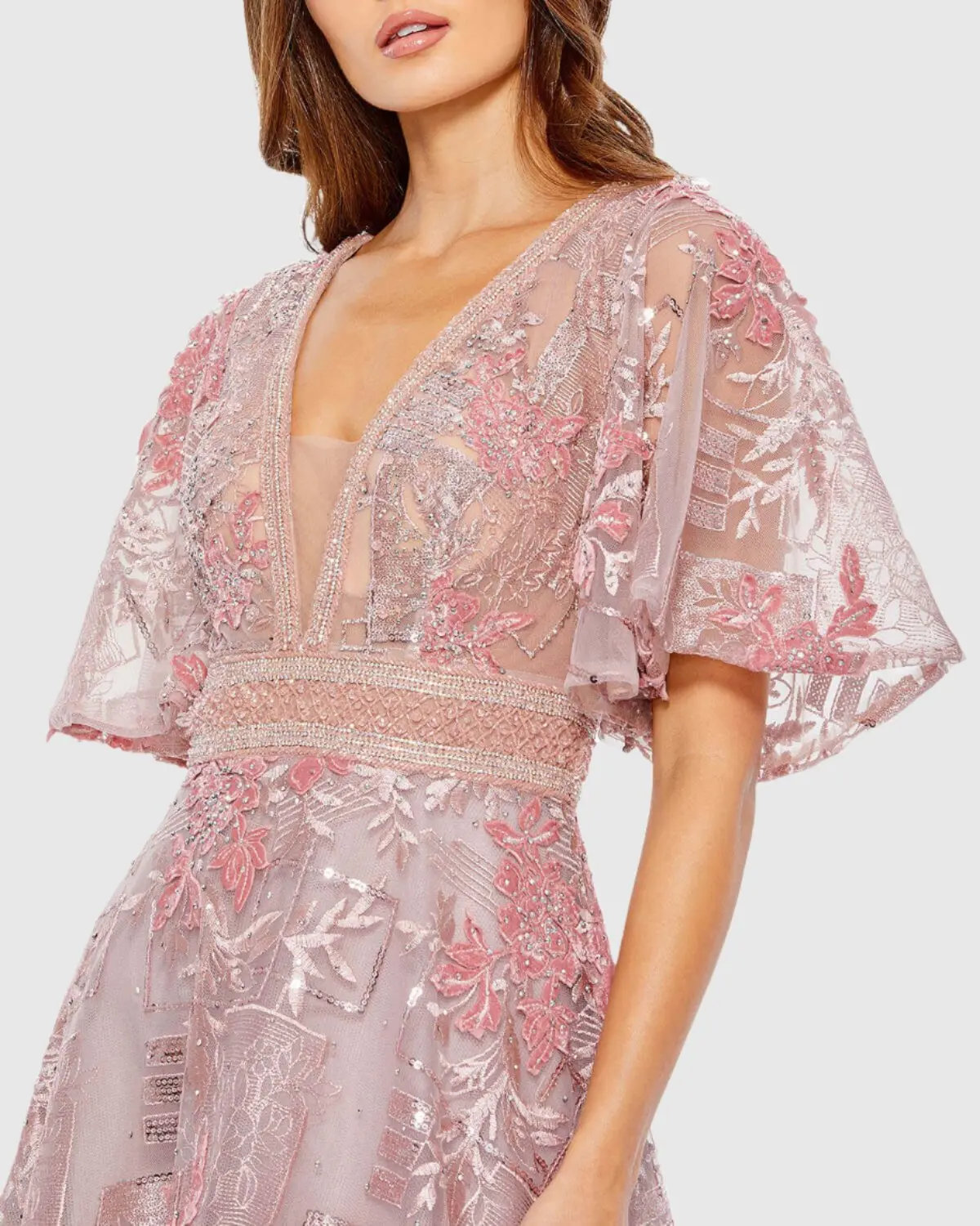 Pink Embroidered Flounce Sleeve A Line Gown - Image 2
