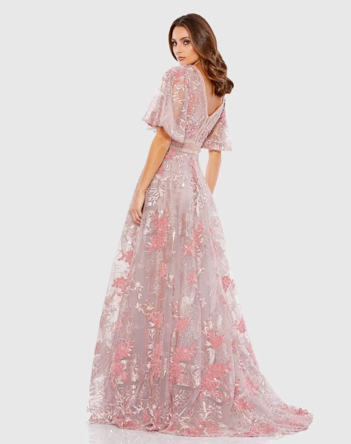 Pink Embroidered Flounce Sleeve A Line Gown - Image 3