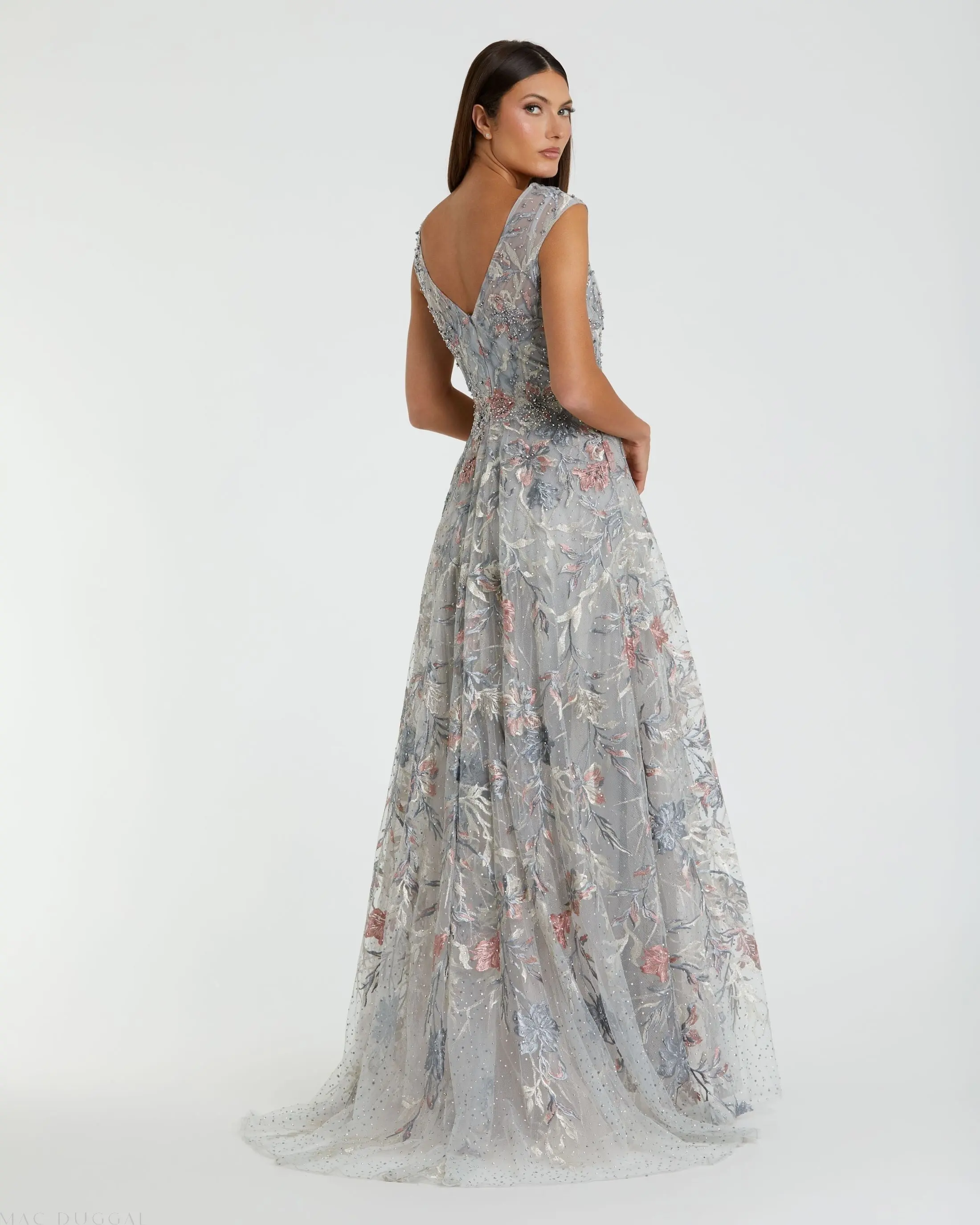 Gray Embroidered Illusion Cap Sleeve A Line Gown - Image 3