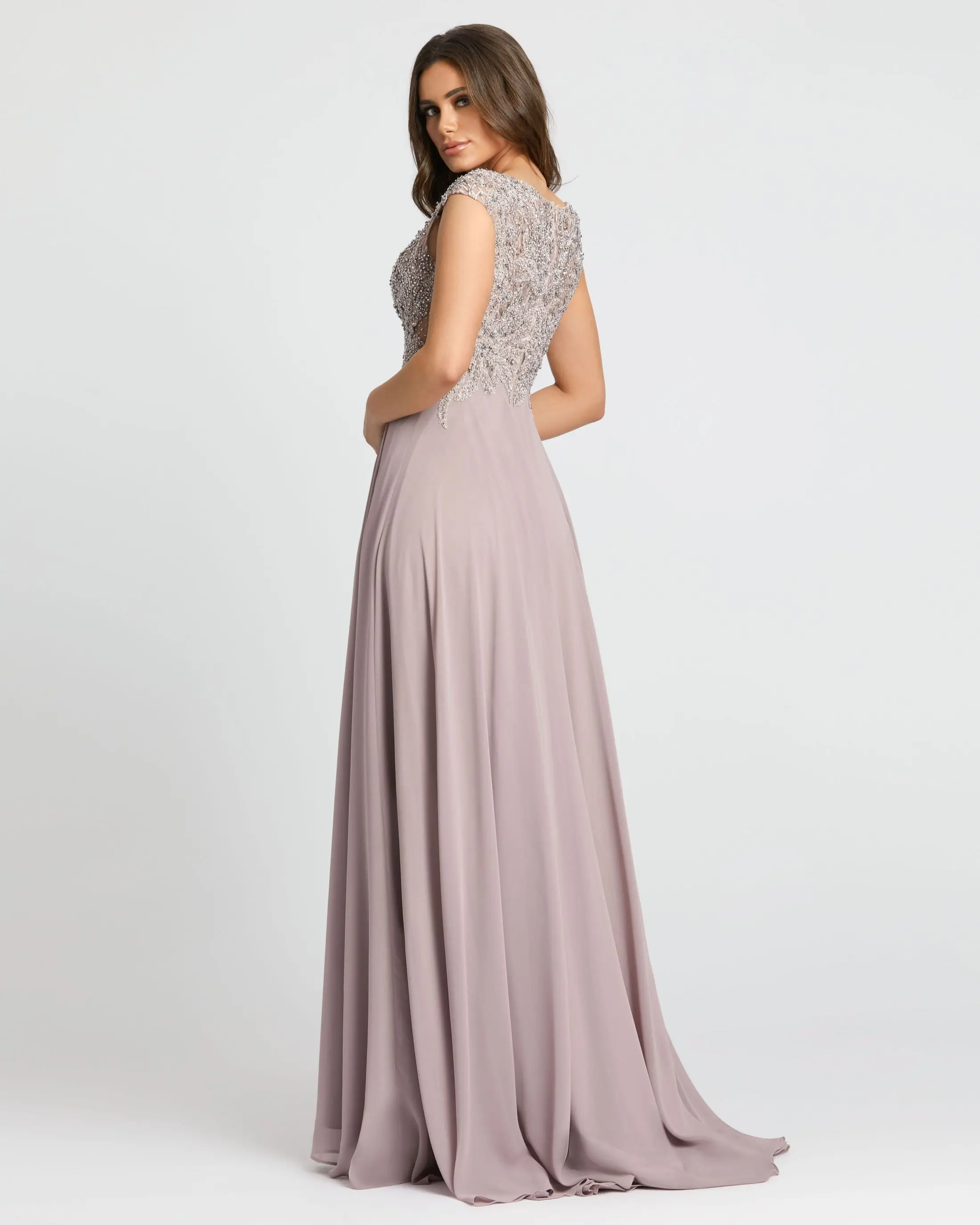 Light Purple Cap Sleeve Applique Bodice Flowy Gown - Image 3