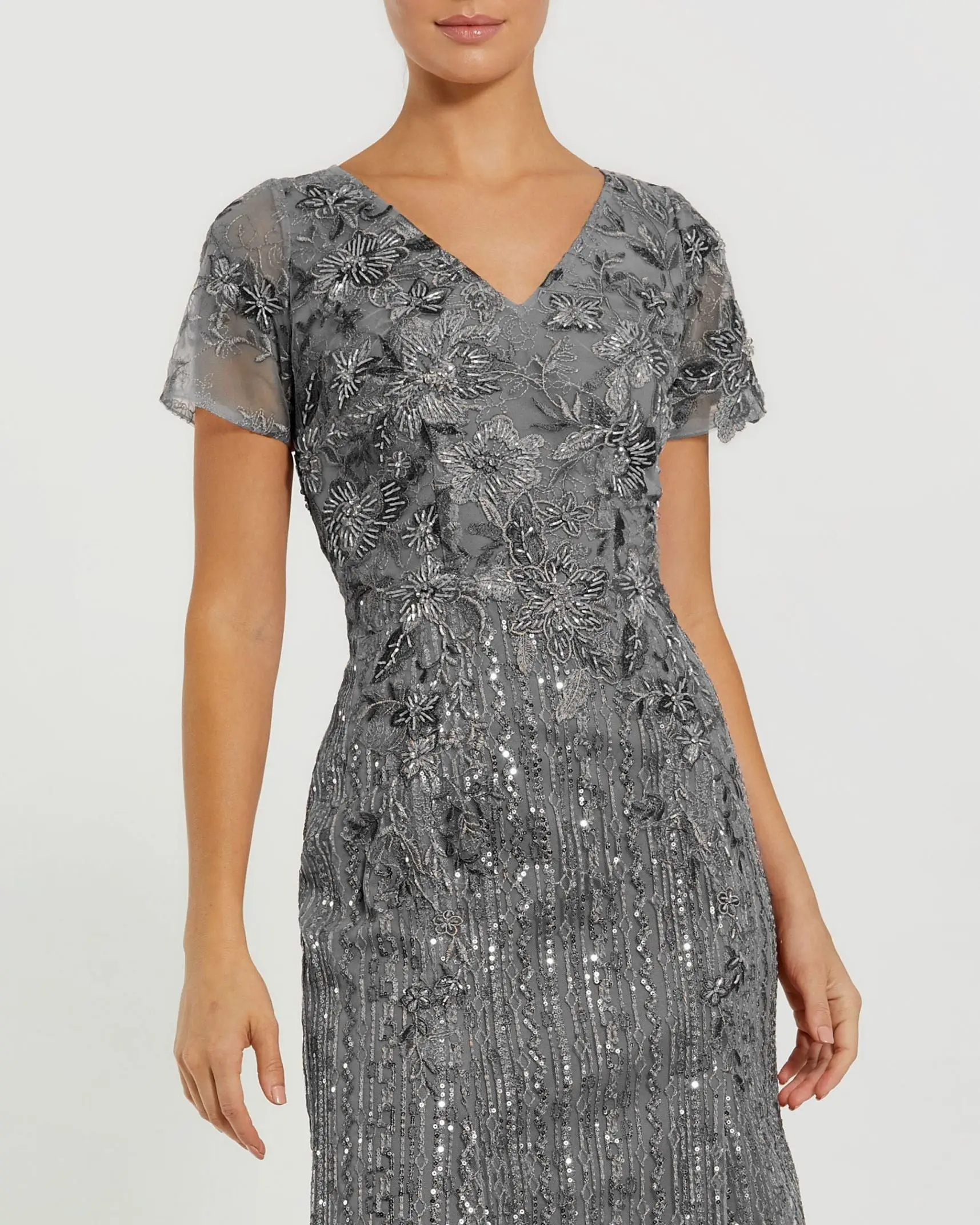 Gray Embellished V Neck Cap Sleeve Trumpet Gown - FINAL SALE - Image 2