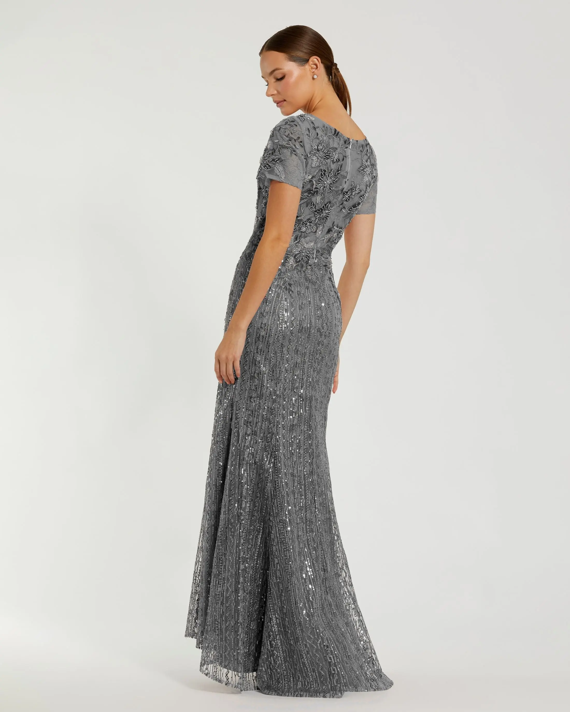 Gray Embellished V Neck Cap Sleeve Trumpet Gown - FINAL SALE - Image 3