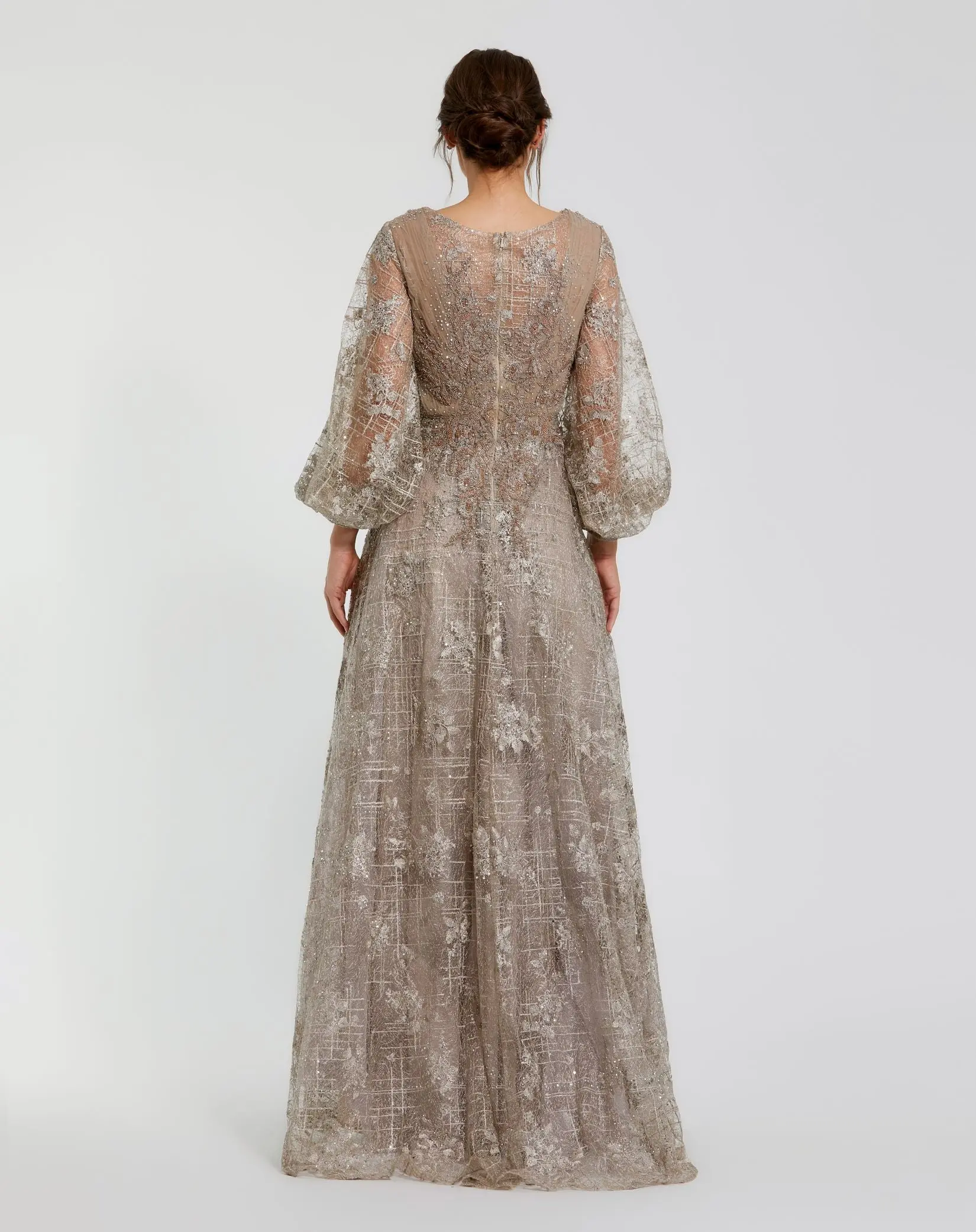 Beige Embellished Plunge Neck Puff Sleeve A Line Gown - Image 3