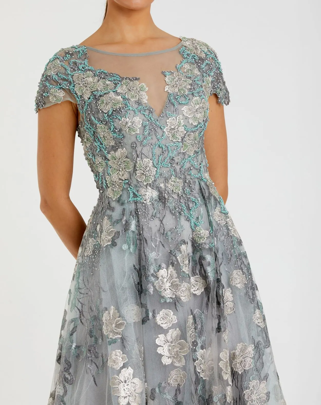 Green Floral Embroidered Short Cap Evening Gown - FINAL SALE - Image 2