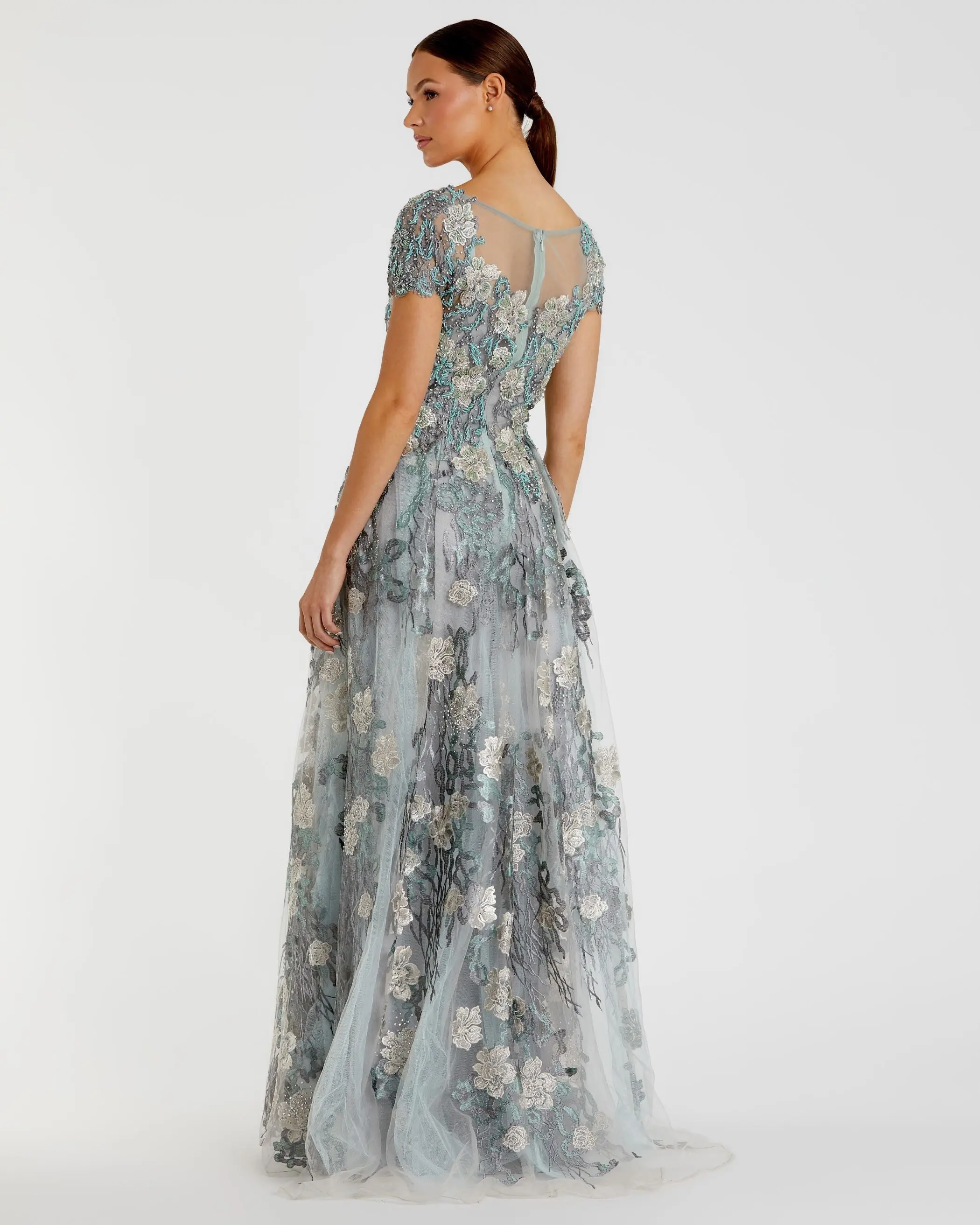 Green Floral Embroidered Short Cap Evening Gown - FINAL SALE - Image 3