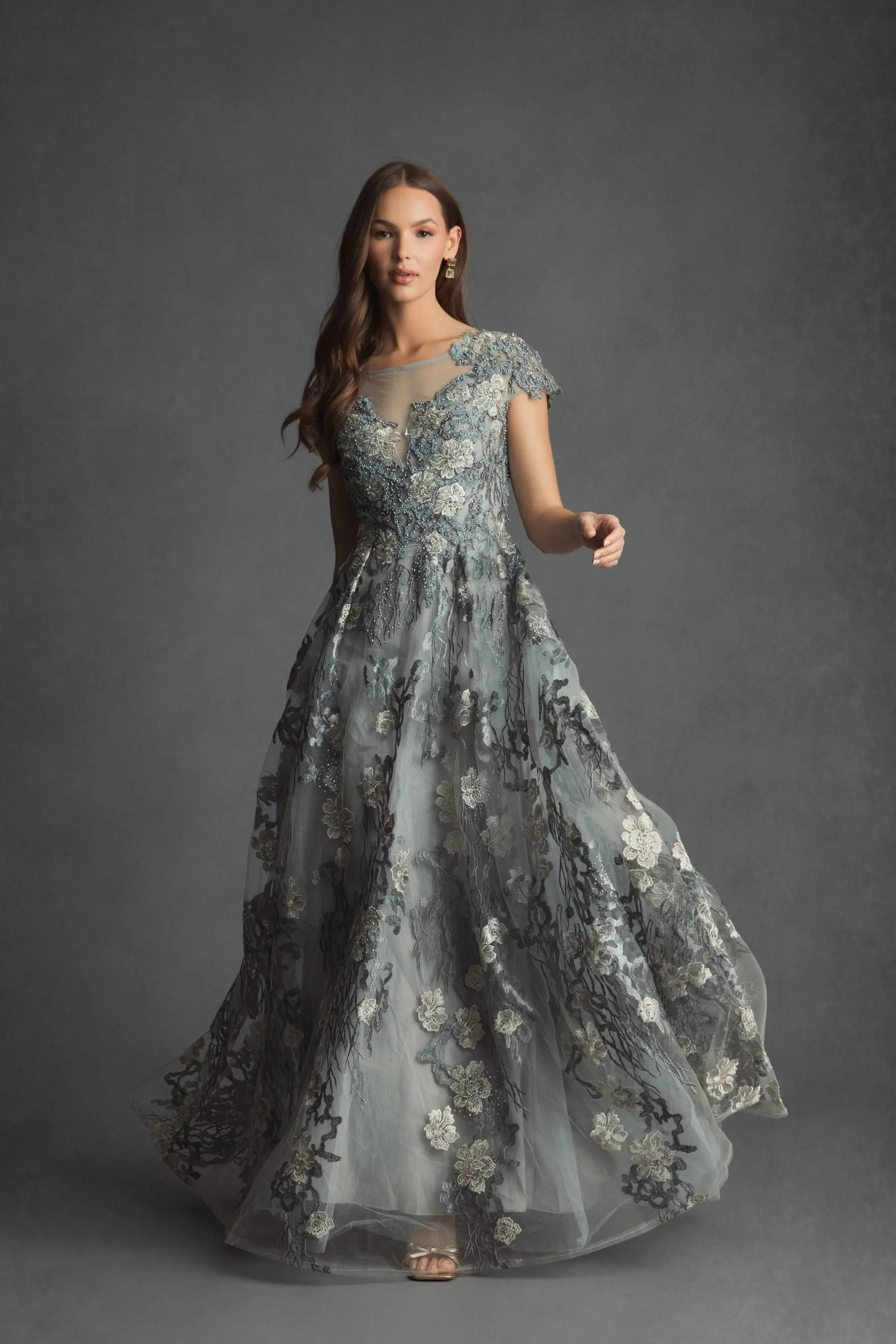Green Floral Embroidered Short Cap Evening Gown - FINAL SALE - Image 6
