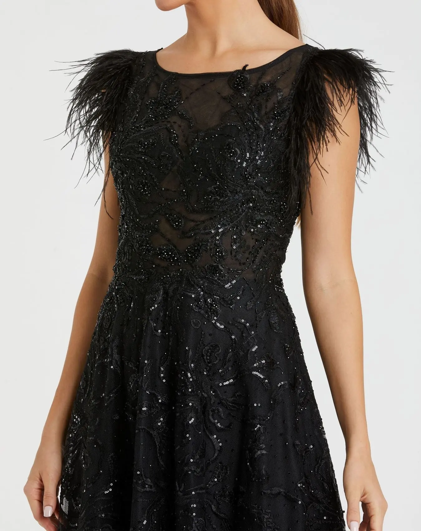 Black Embellished Boat Neck A-Line Gown with Feather Sleeves - Image 2