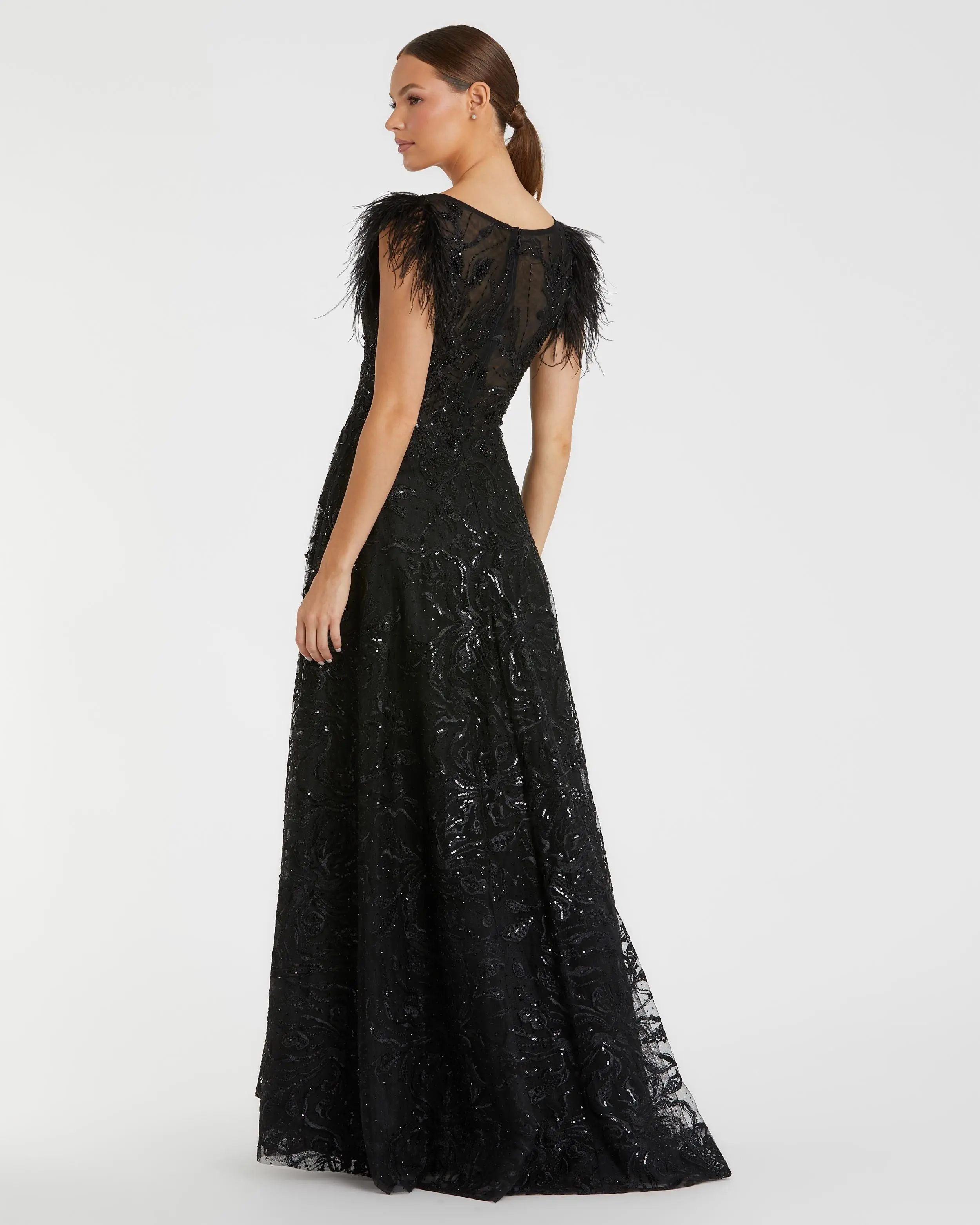 Black Embellished Boat Neck A-Line Gown with Feather Sleeves - Image 3