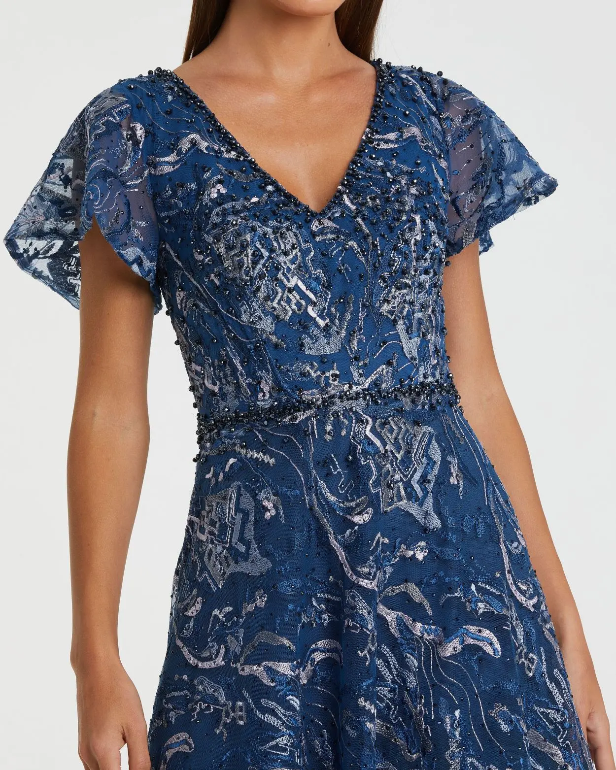 Navy Embellished Illusion Butterfly Sleeve A-Line Gown - Image 2