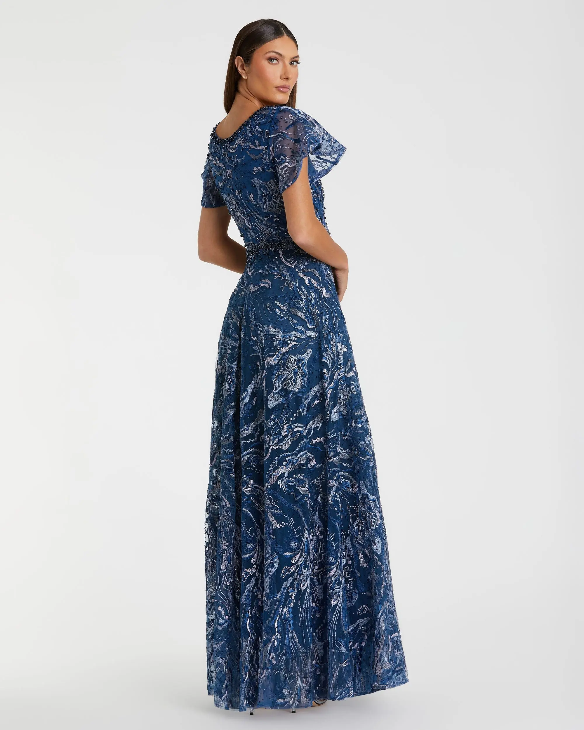 Navy Embellished Illusion Butterfly Sleeve A-Line Gown - Image 3