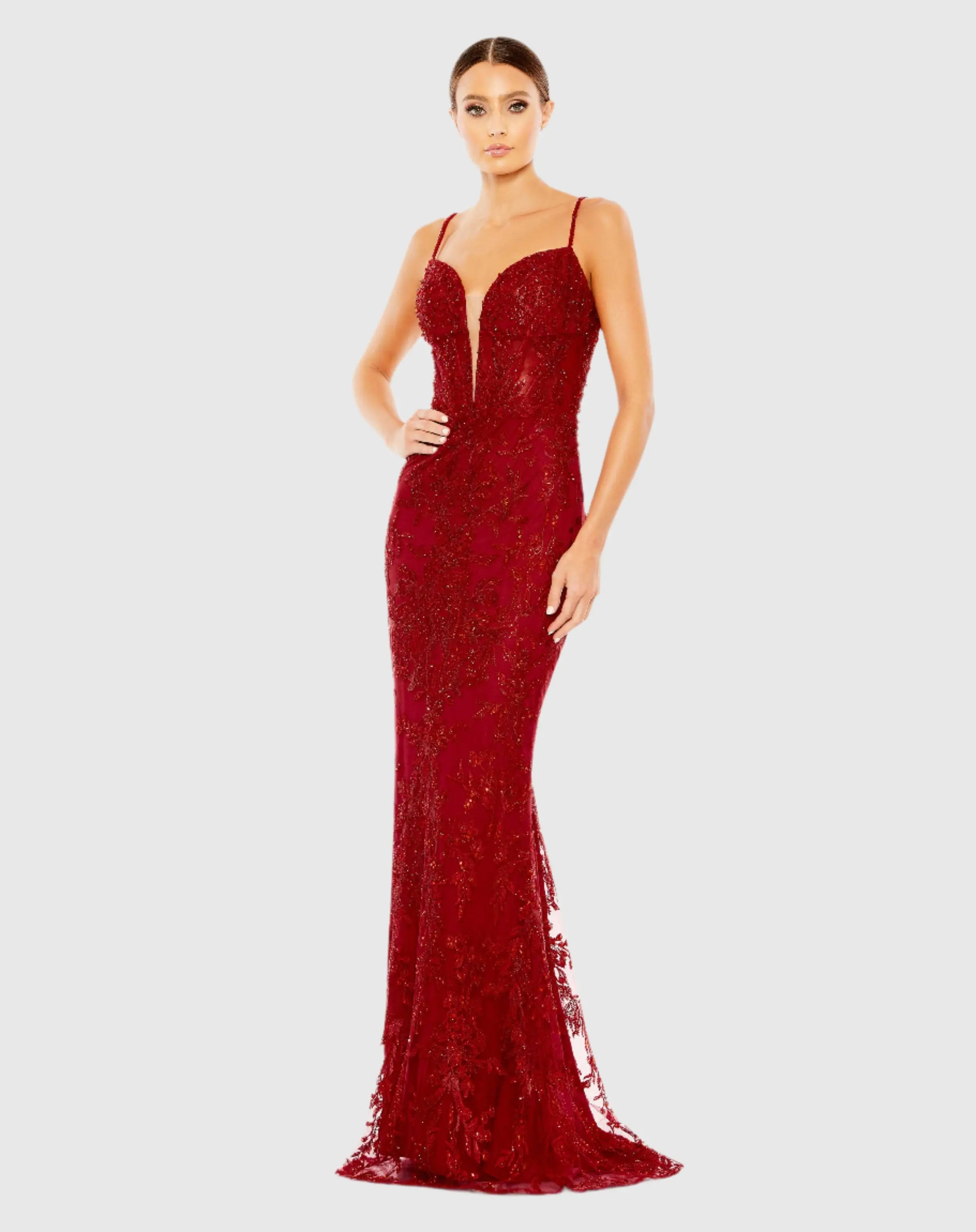 Red Embellished Plunge Neck Illusion Mermaid Gown - FINAL SALE