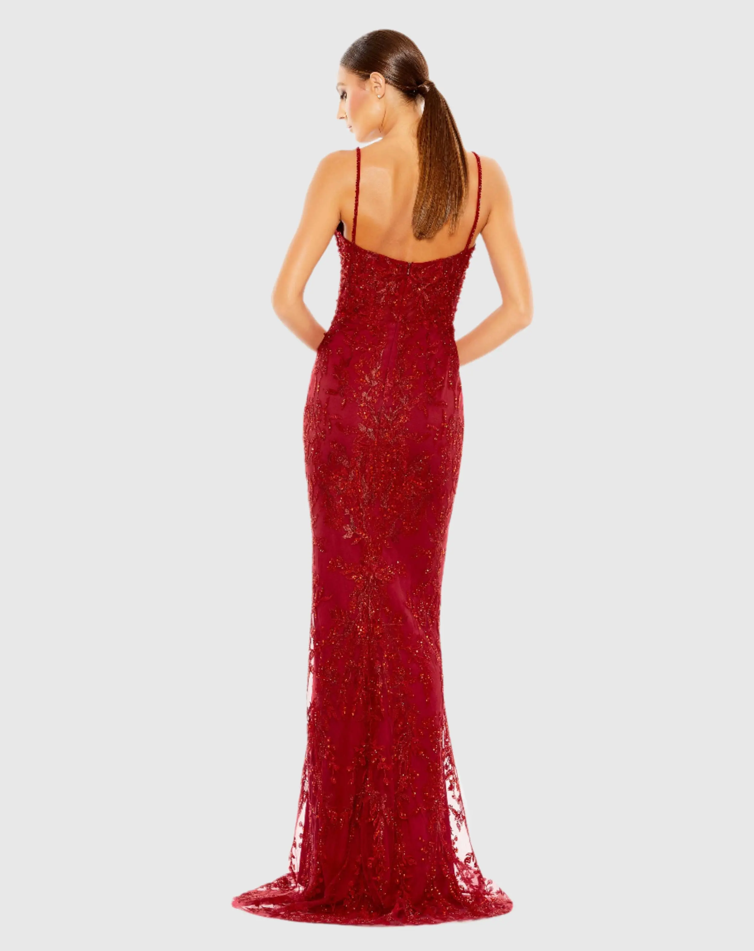 Red Embellished Plunge Neck Illusion Mermaid Gown - FINAL SALE - Image 3