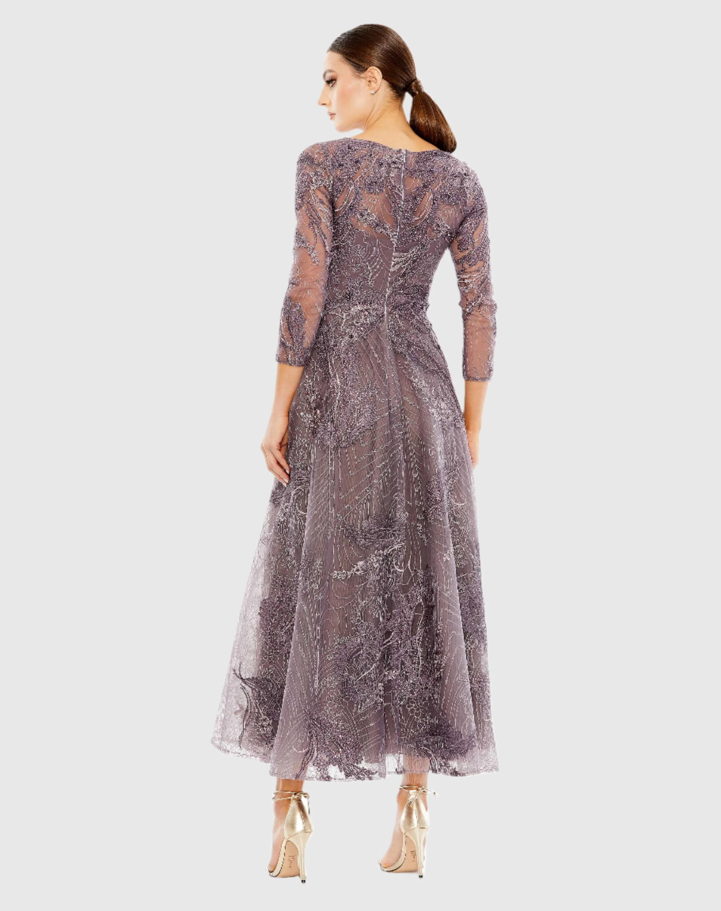 Purple Embellished Wrap Over 3/4 Sleeve Dress - Image 3