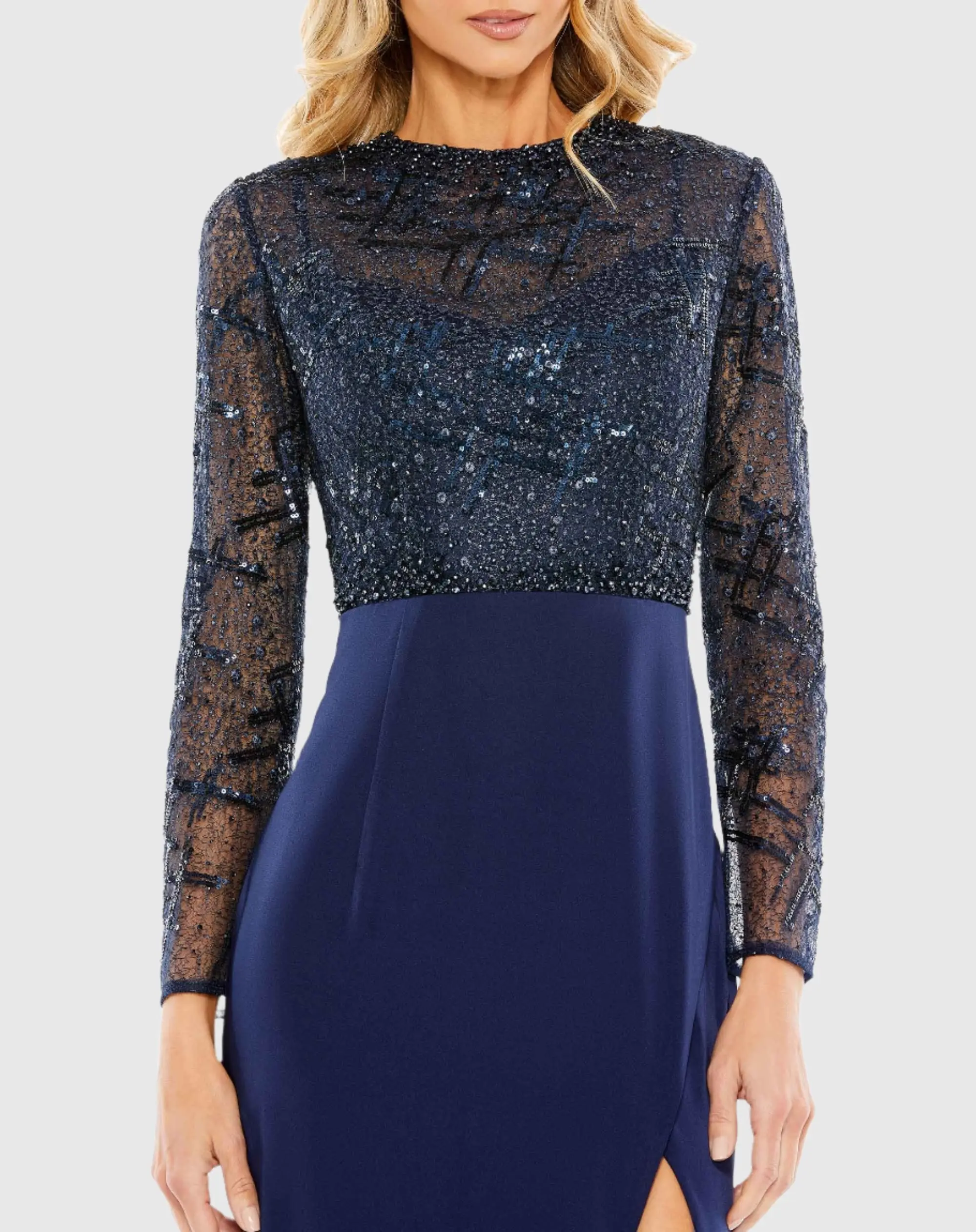 Navy Embellished High Neck Bodice Faux Wrap Gown - FINAL SALE - Image 2