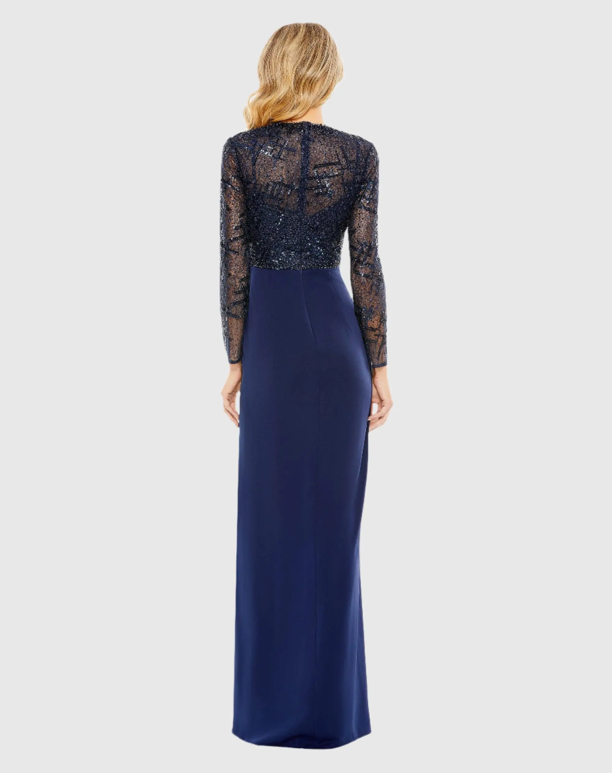 Navy Embellished High Neck Bodice Faux Wrap Gown - FINAL SALE - Image 3