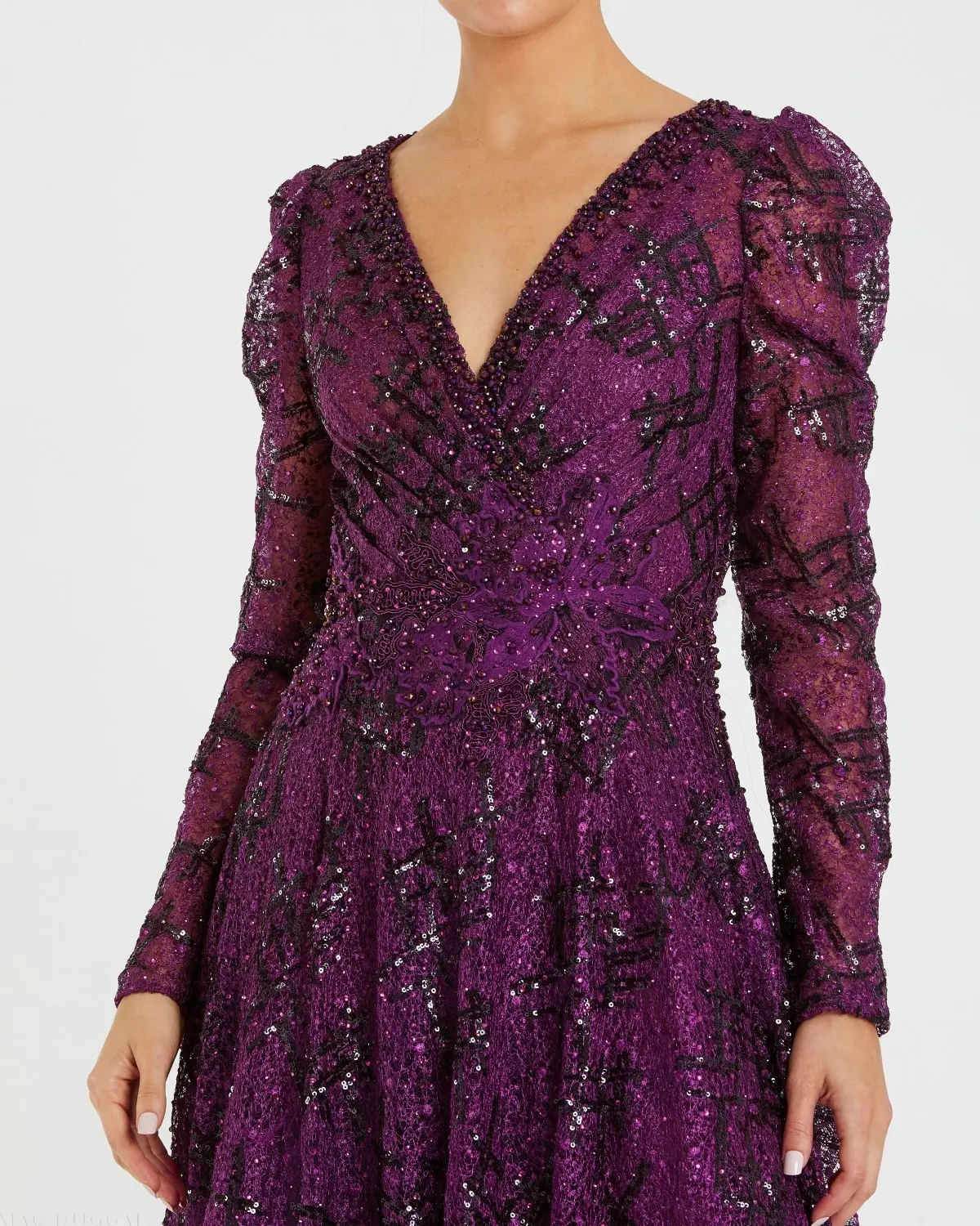 Dark Purple Embellished V Neck Long Sleeve A Line Gown - Image 2