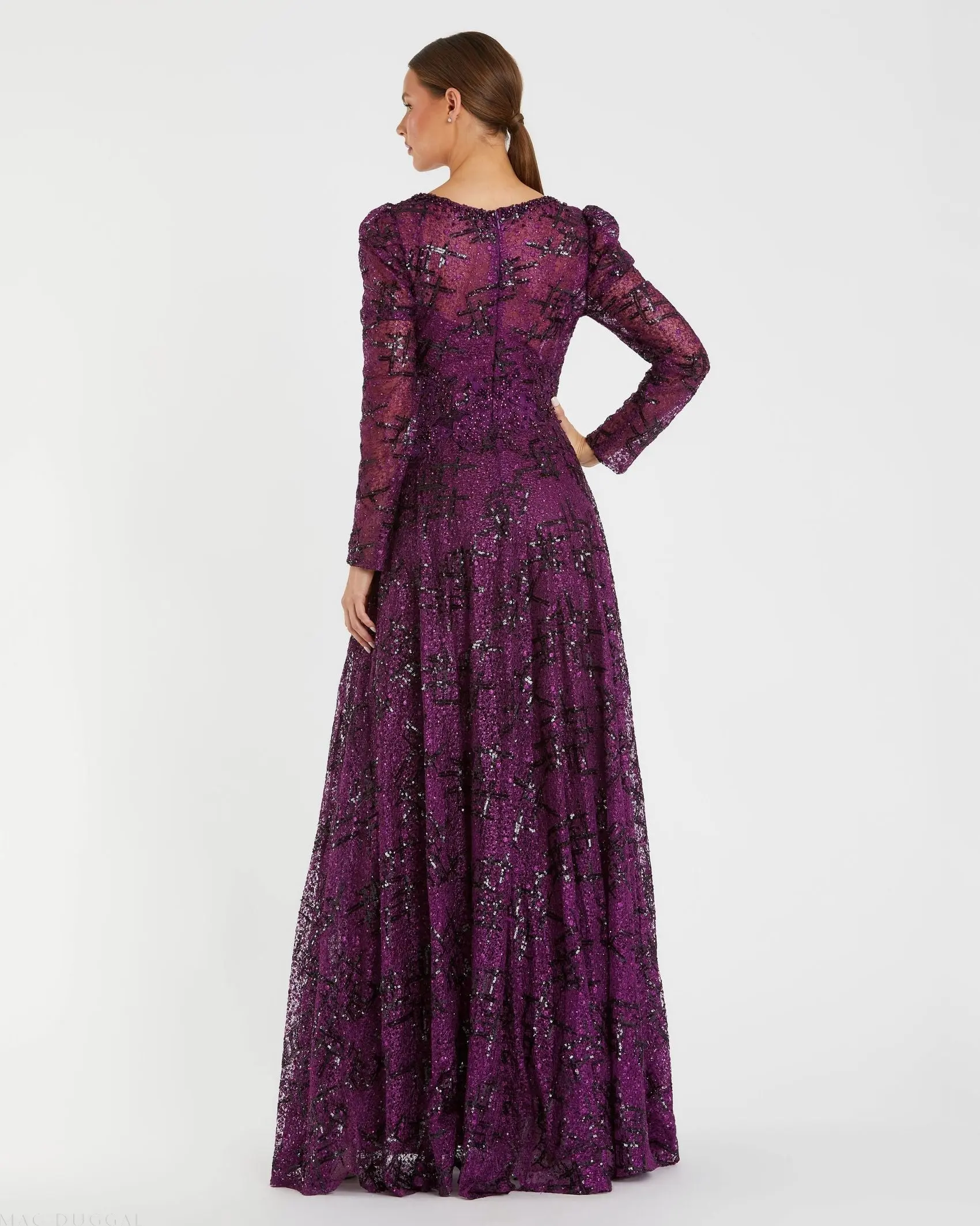 Dark Purple Embellished V Neck Long Sleeve A Line Gown - Image 3