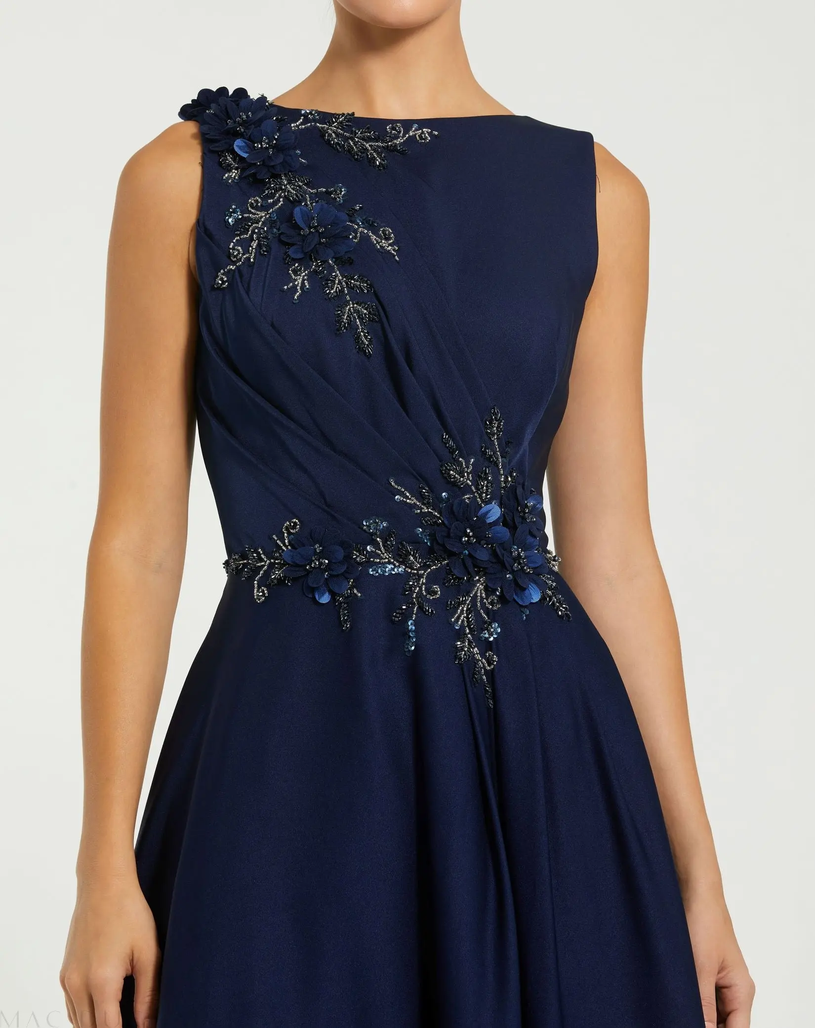 Navy Floral Applique Sleeveless A Line Gown - Image 2