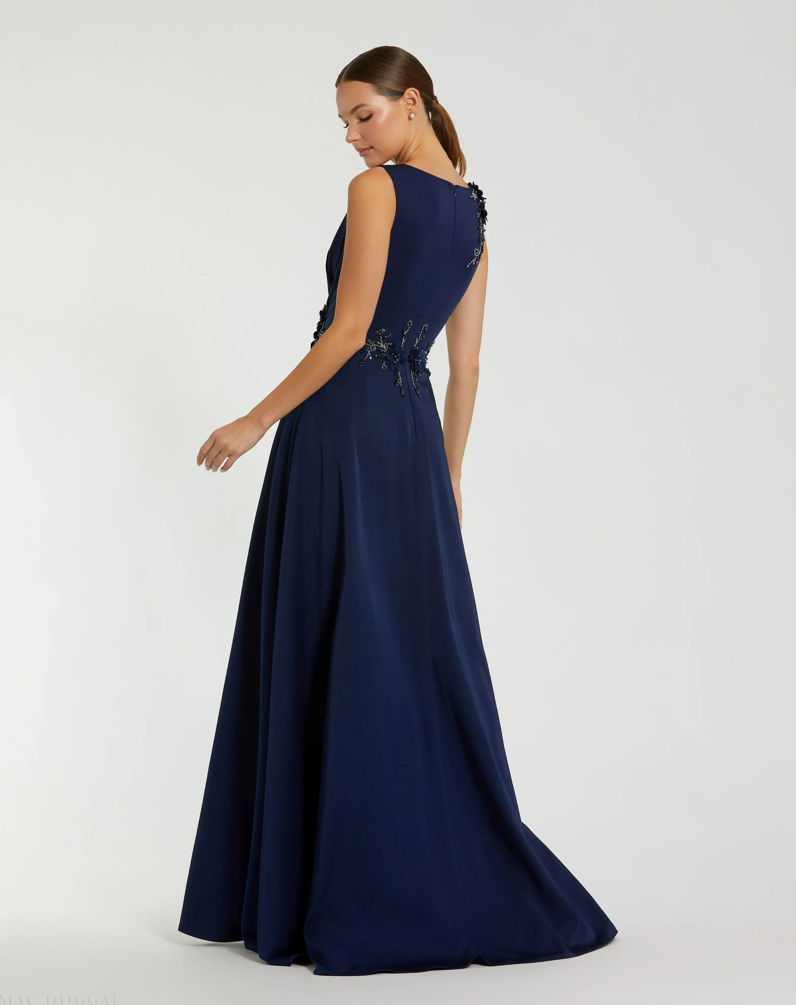Navy Floral Applique Sleeveless A Line Gown - Image 3