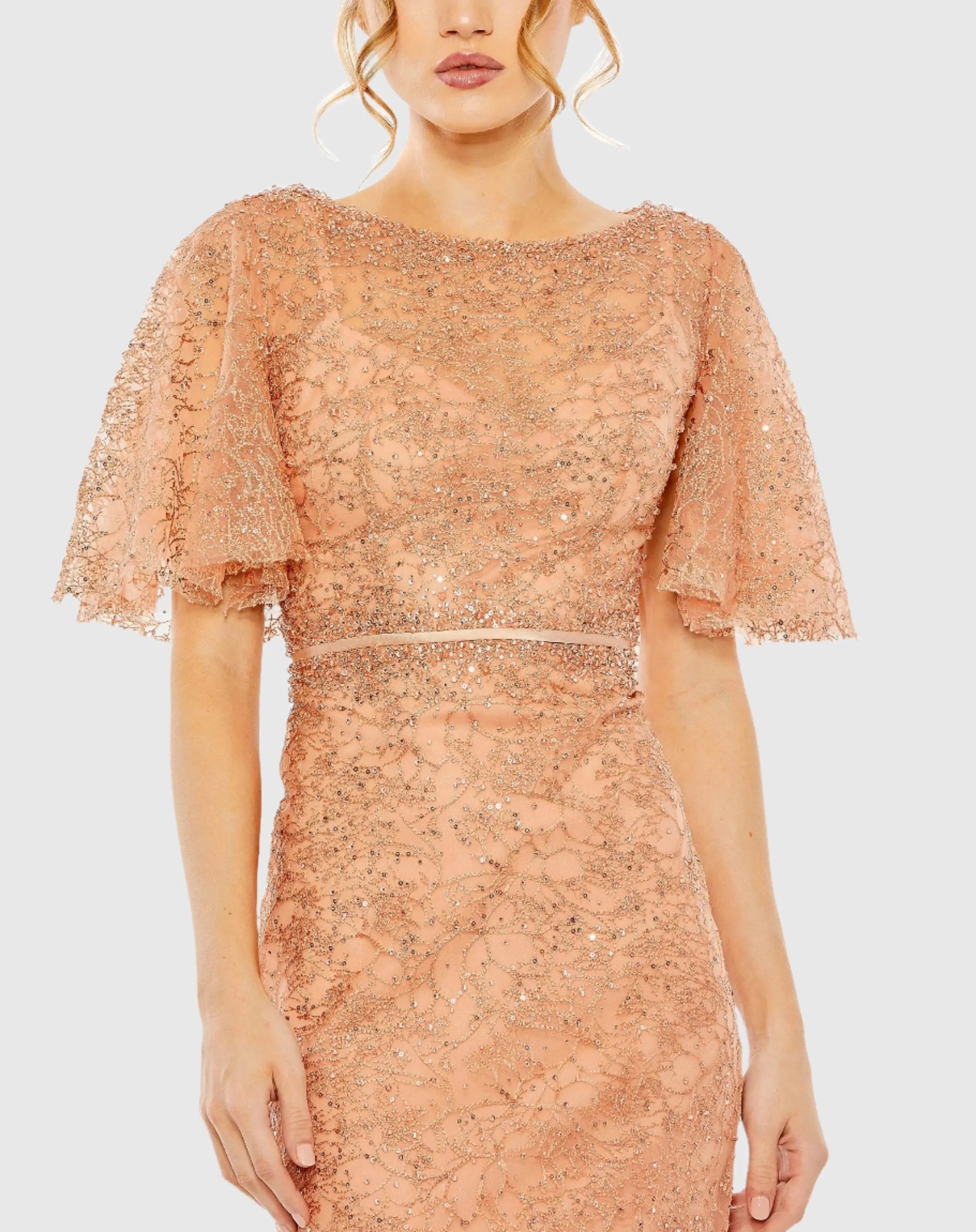 Orange Embellished Neck Butterfly Sleeve Trumpet Gown - FINAL SALE - Image 2