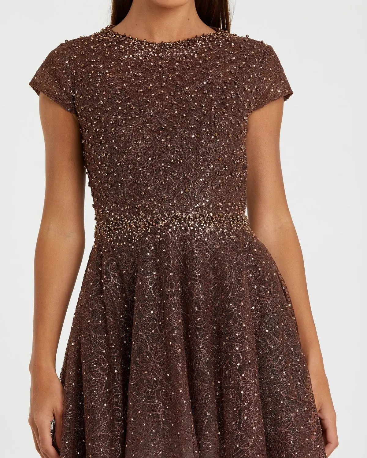 Brown Embellished Cap Sleeve A Line Dress - Image 2
