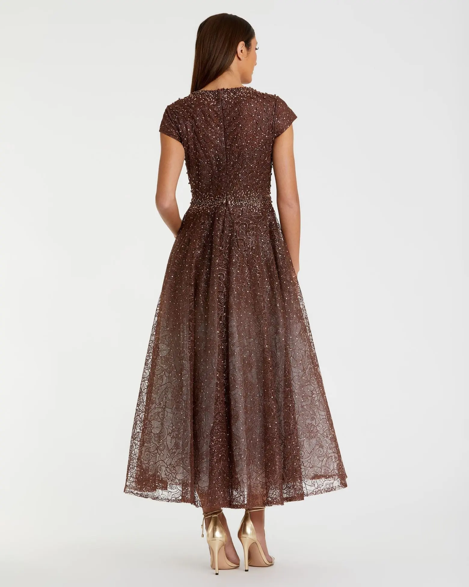 Brown Embellished Cap Sleeve A Line Dress - Image 3