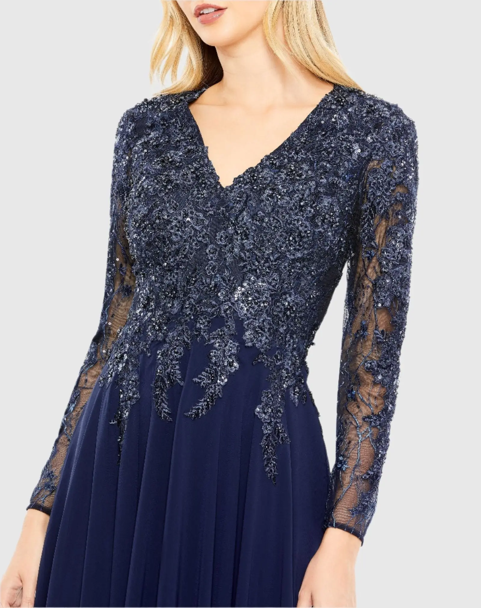 Navy Embellished Illusion V Neck Long Sleeve Gown - Image 2