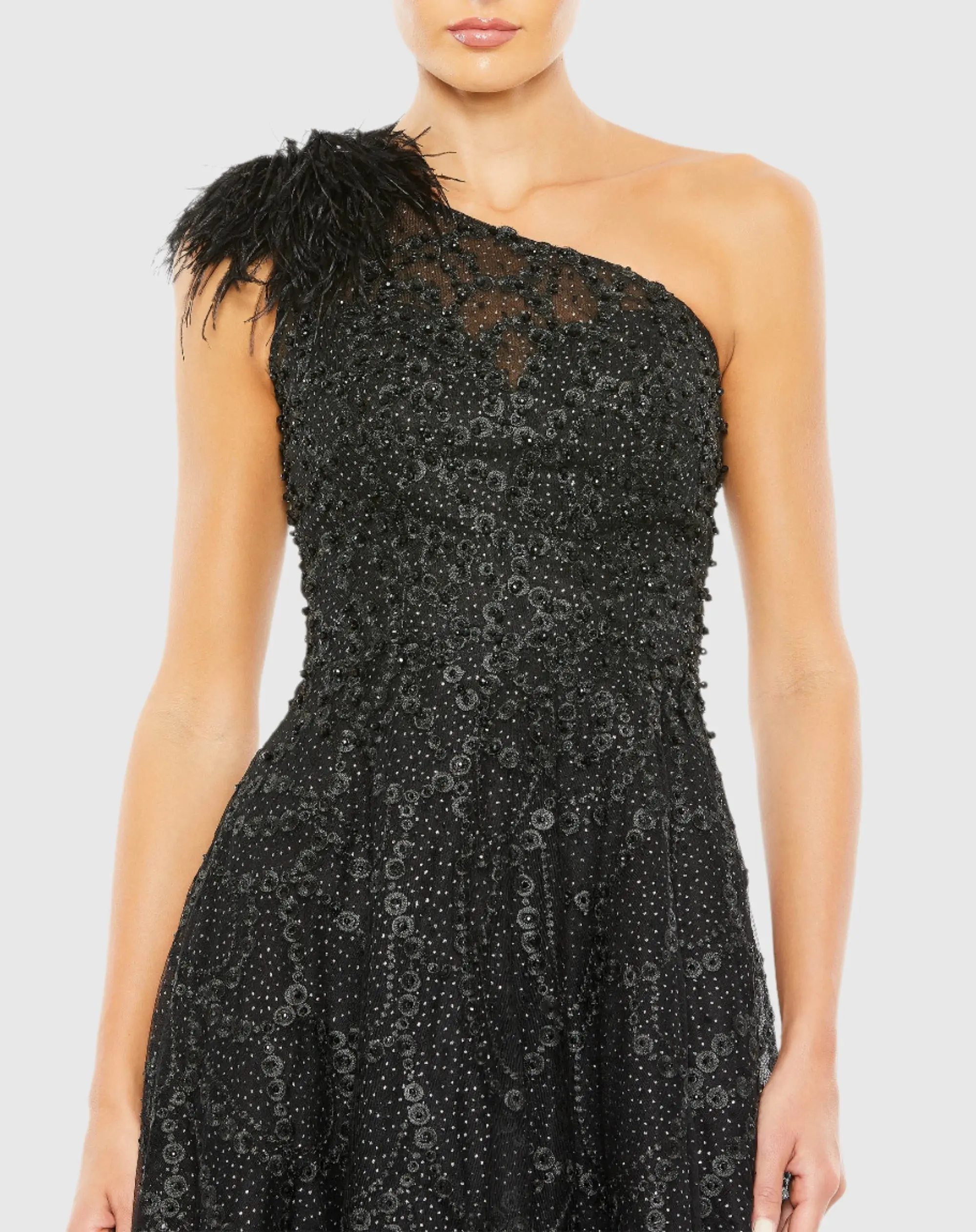 Black Embellished One Shoulder A Line Gown - Image 2