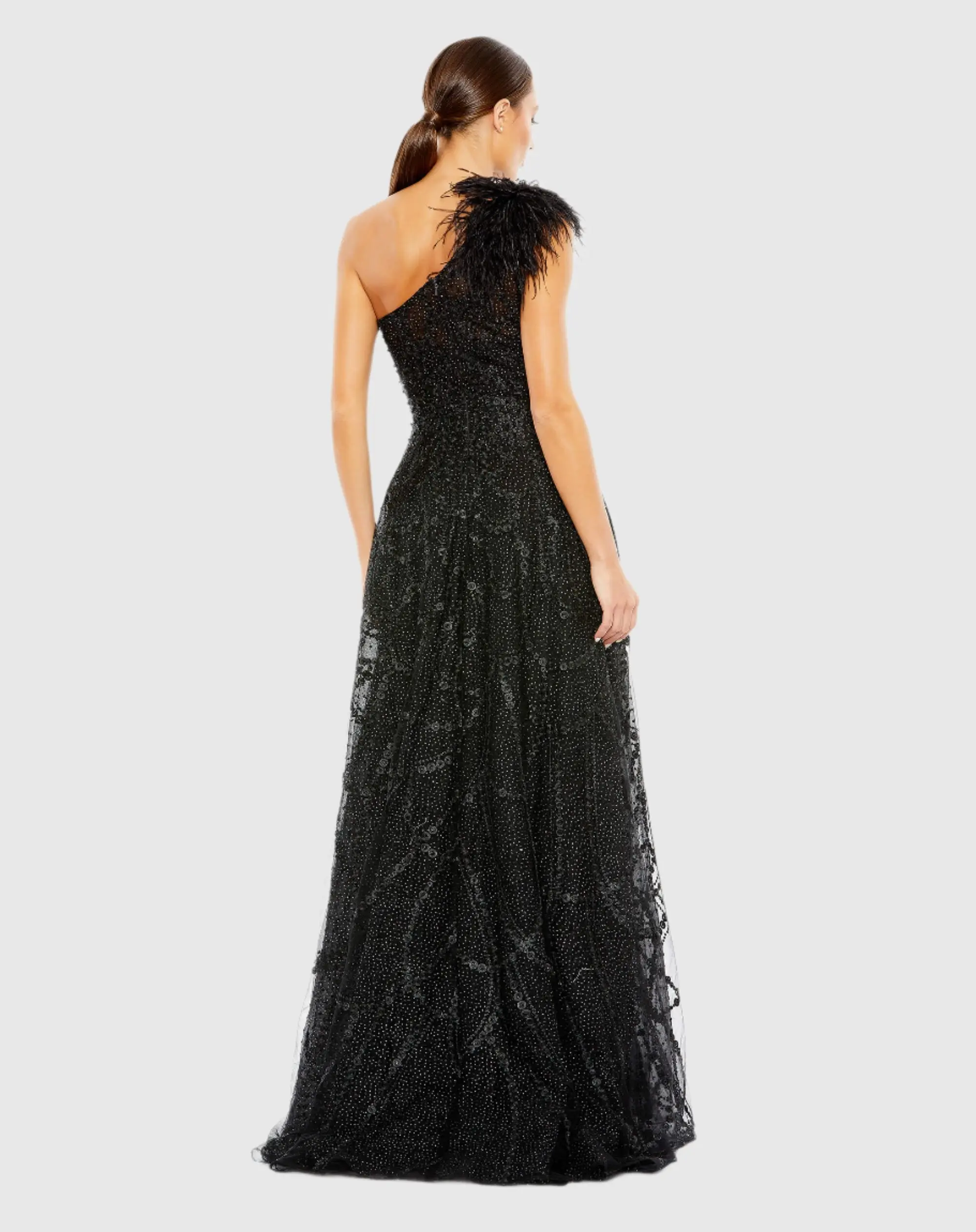 Black Embellished One Shoulder A Line Gown - Image 3