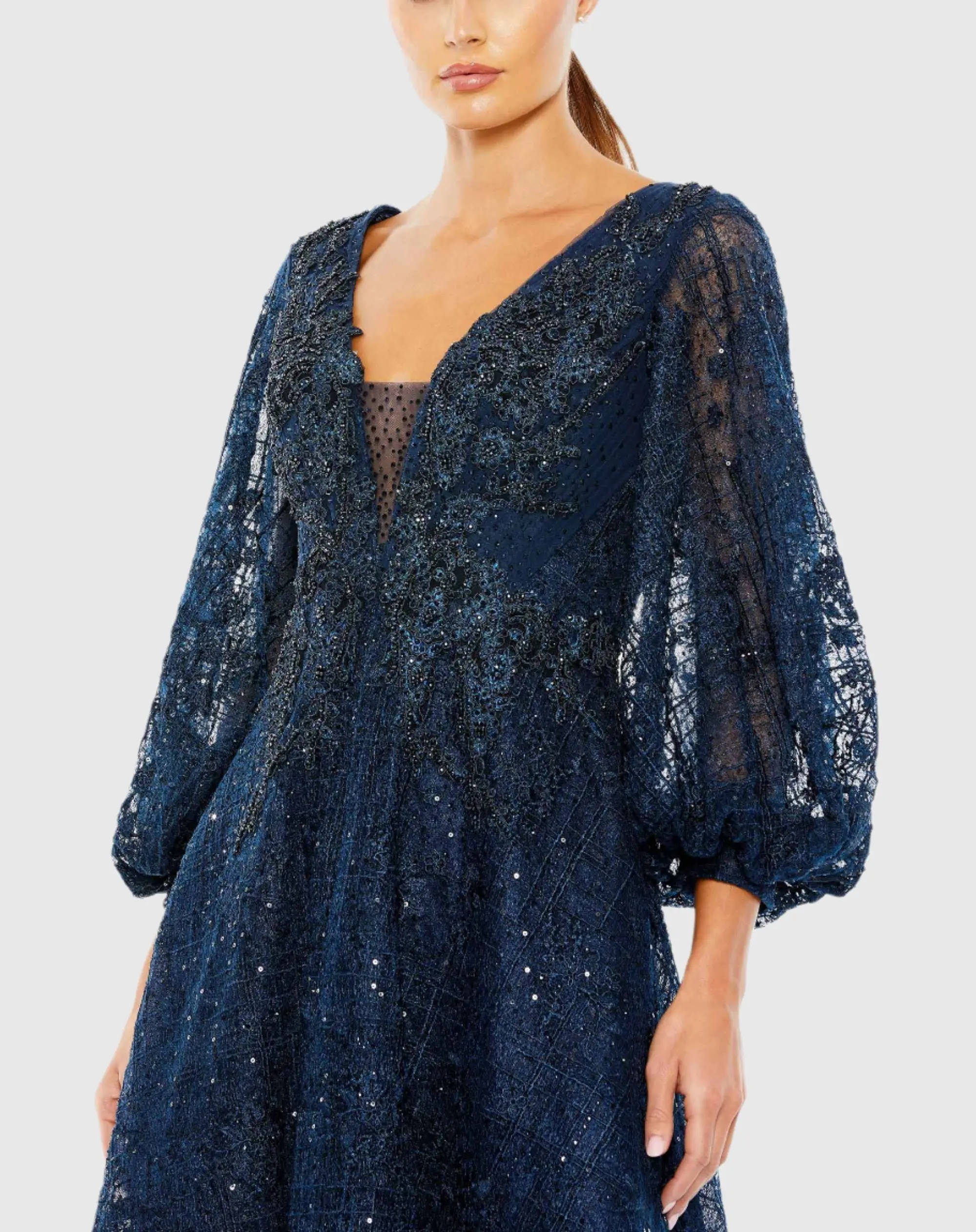 Navy Embellished Plunge Neck Bishop Sleeve Dress - Image 2