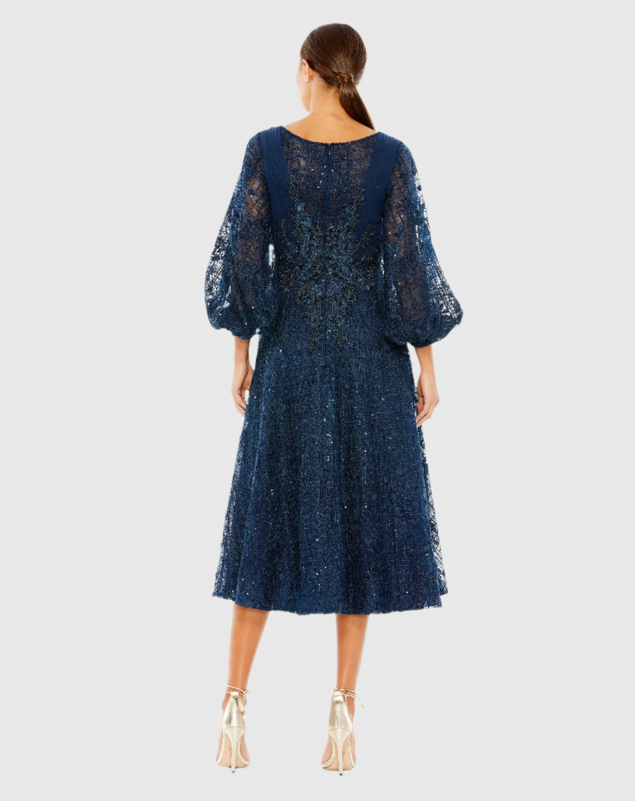 Navy Embellished Plunge Neck Bishop Sleeve Dress - Image 3
